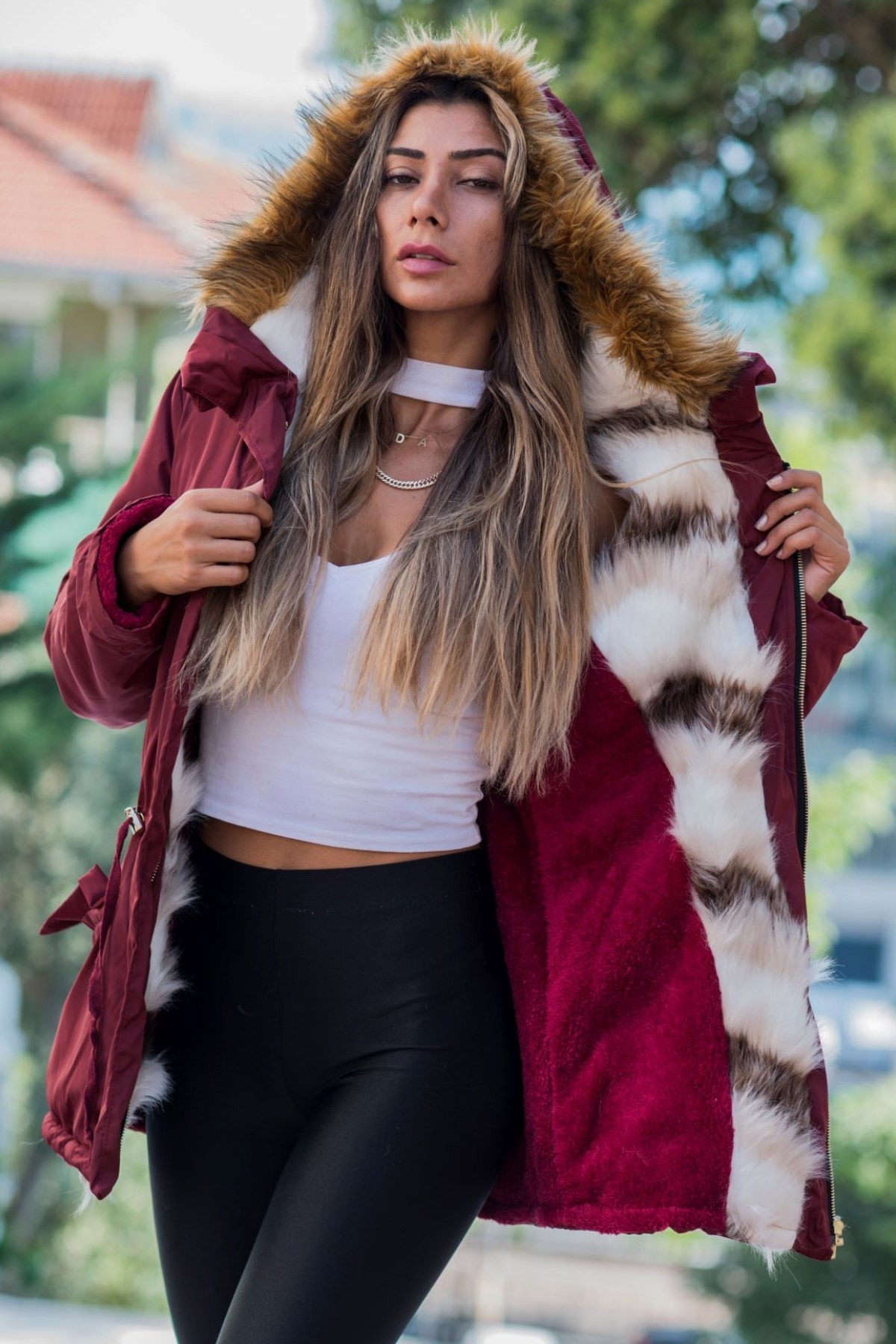 Burgundy Fur Hooded Waist Shirred Waterproof Coat