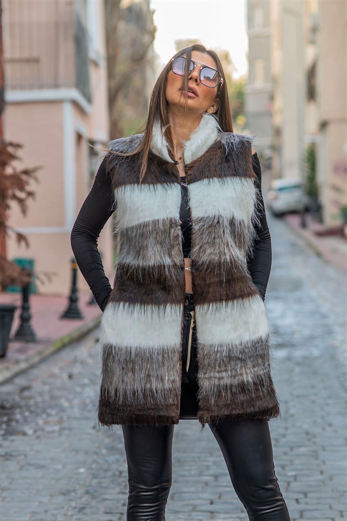 Brown White Stripes Back Faux Leather Detail Pocketed Faux Fur Vest