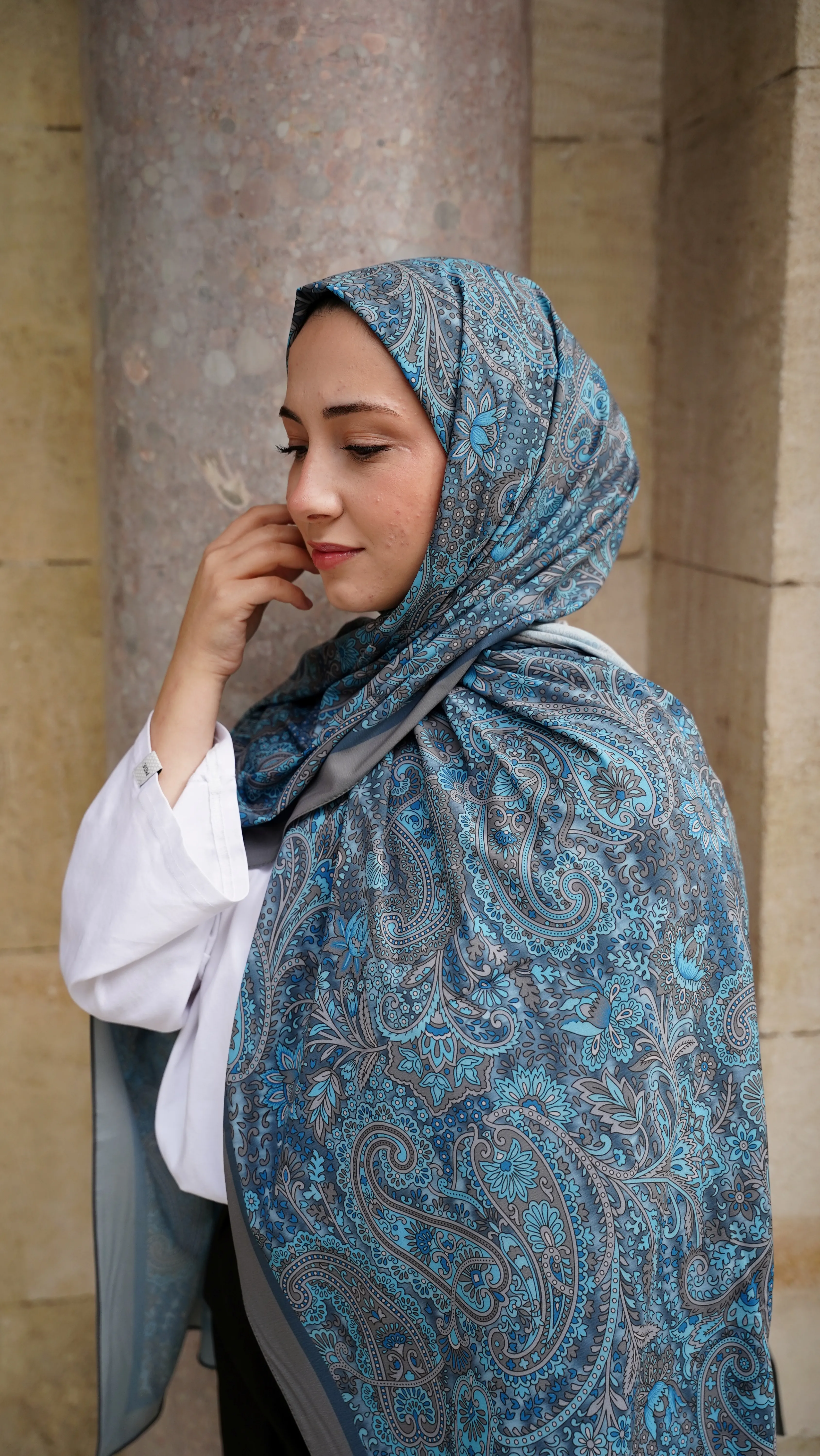 Arın Mavi Mira Desen Likralı Pamuk Şal