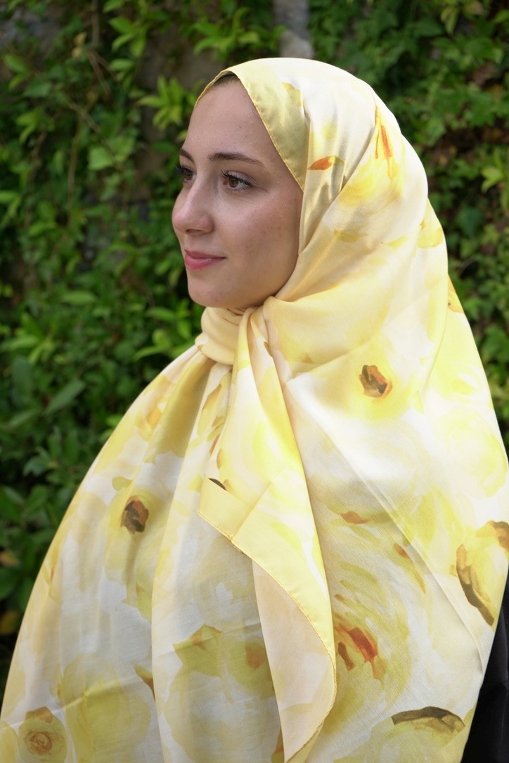 Sarı Flora Desen Pamuk Vual Şal