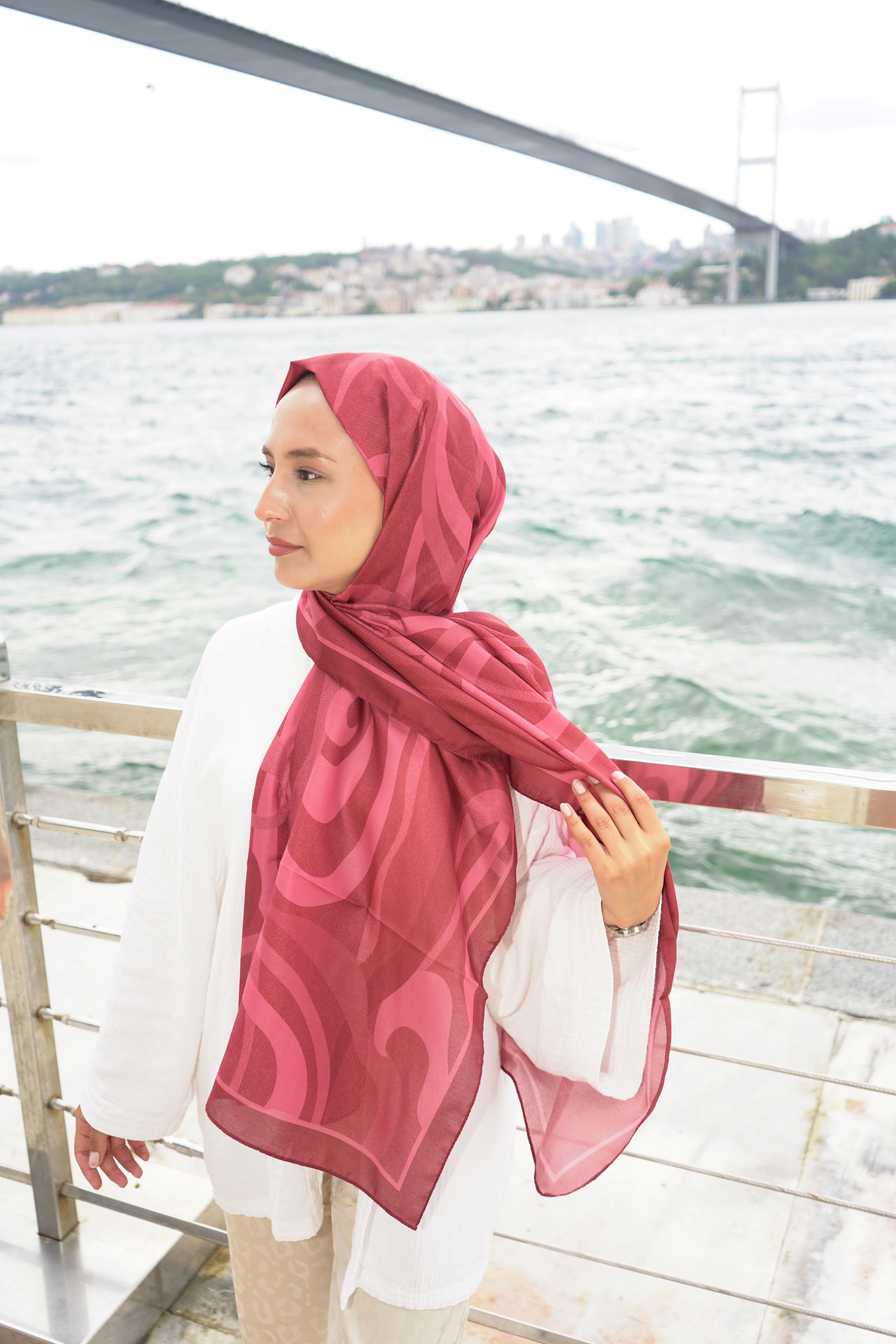 Vişne Akış Desen Pamuk Vual Şal