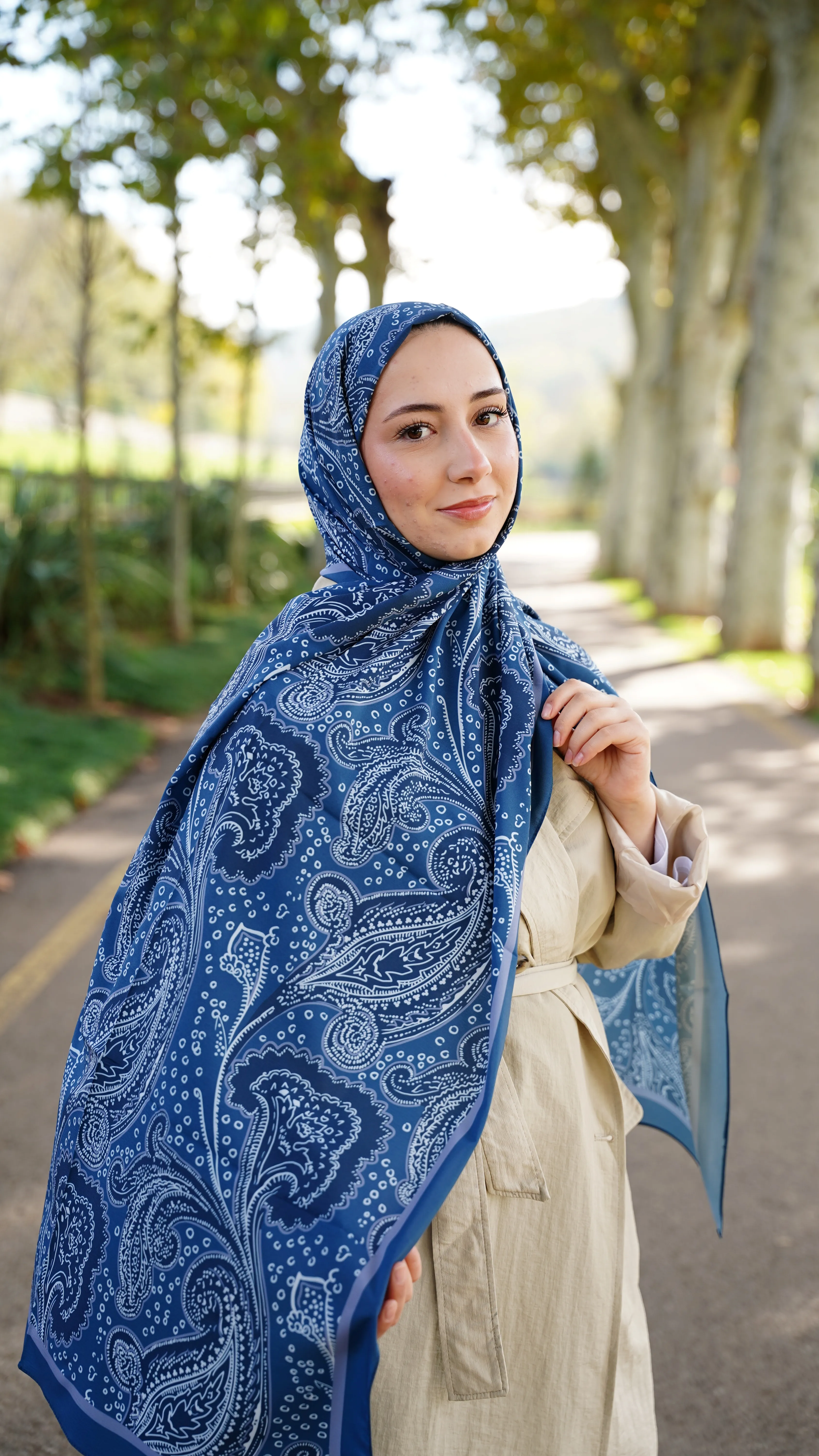 Duru Mavi Elya Desen Likralı Pamuk Şal