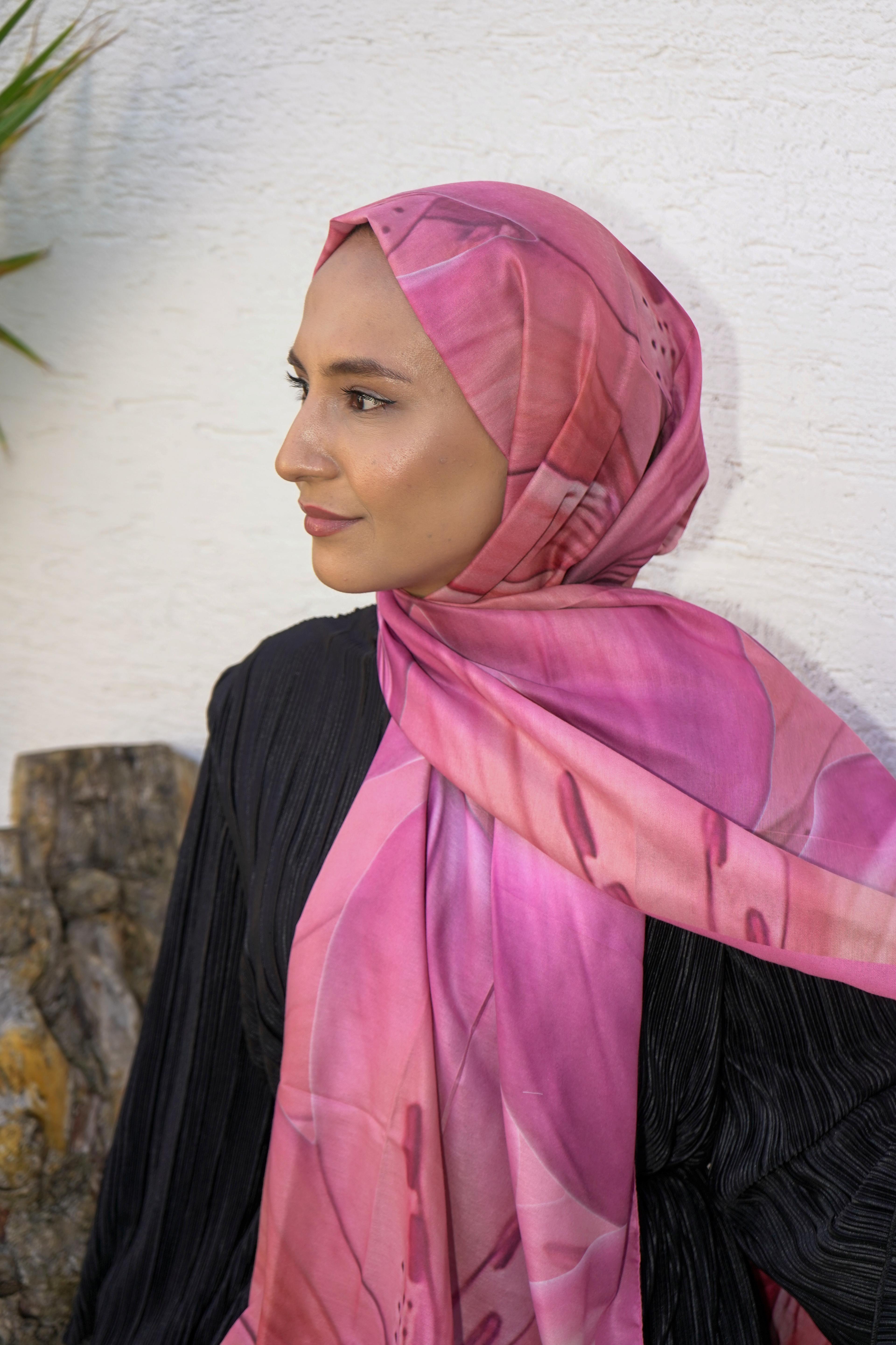 Pembe Lilyum Desen Pamuk Vual Şal