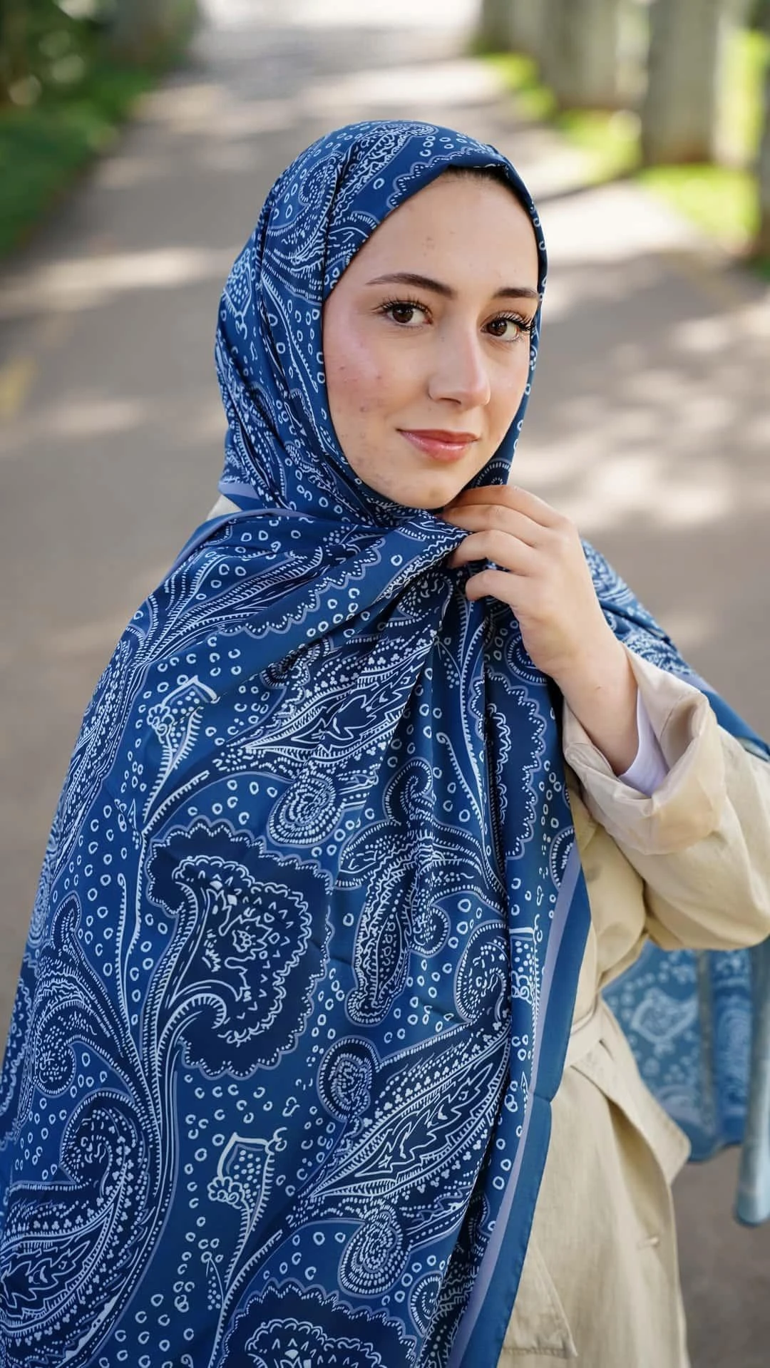 Duru Mavi Elya Desen Likralı Pamuk Şal