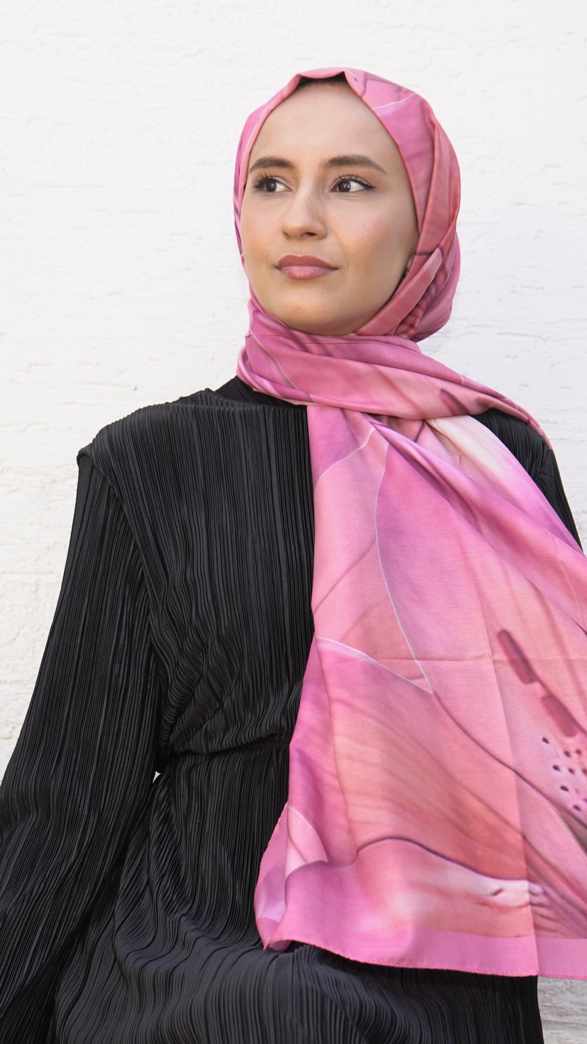 Pembe Lilyum Desen Pamuk Vual Şal