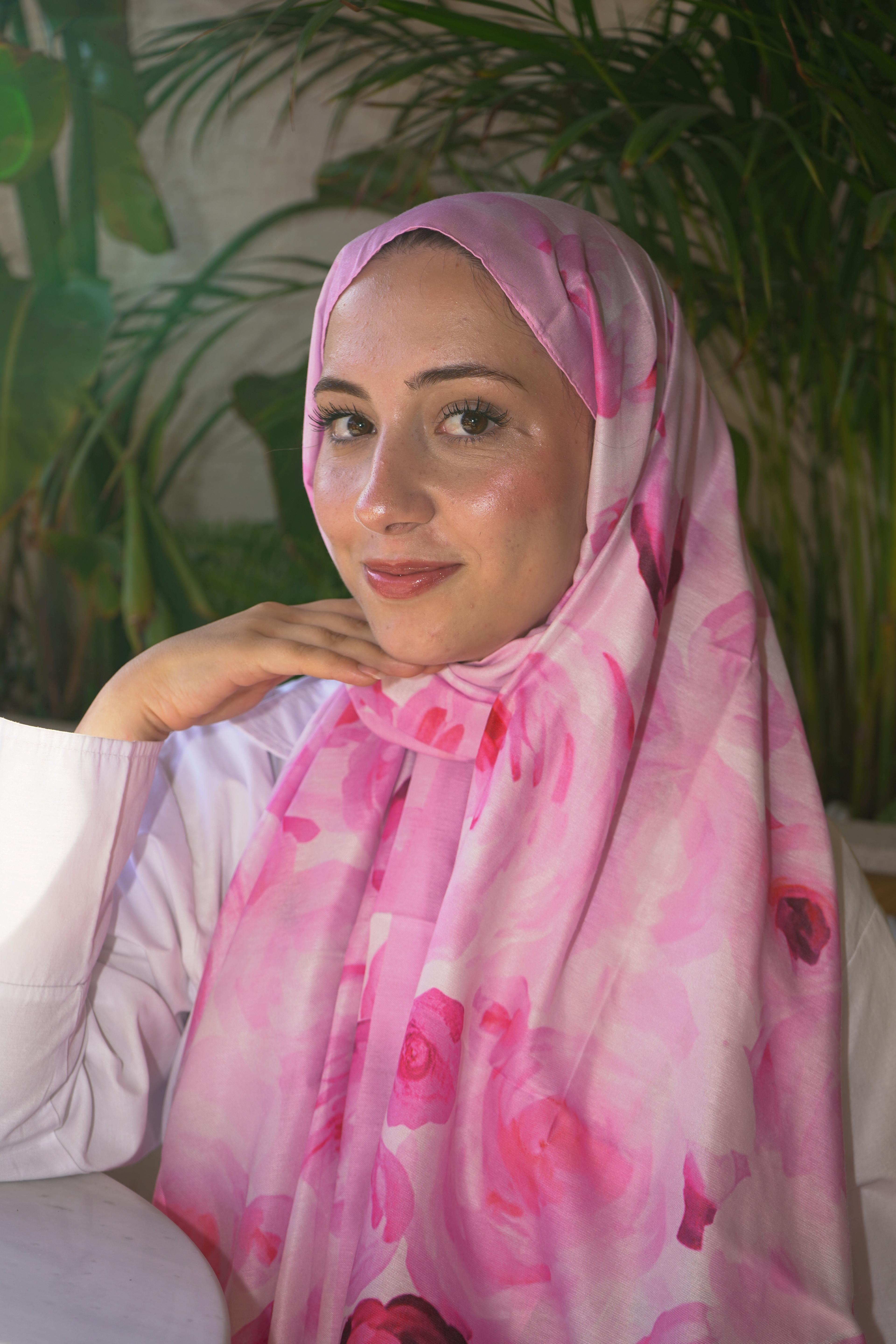 Pembe Flora Desen Pamuk Vual Şal