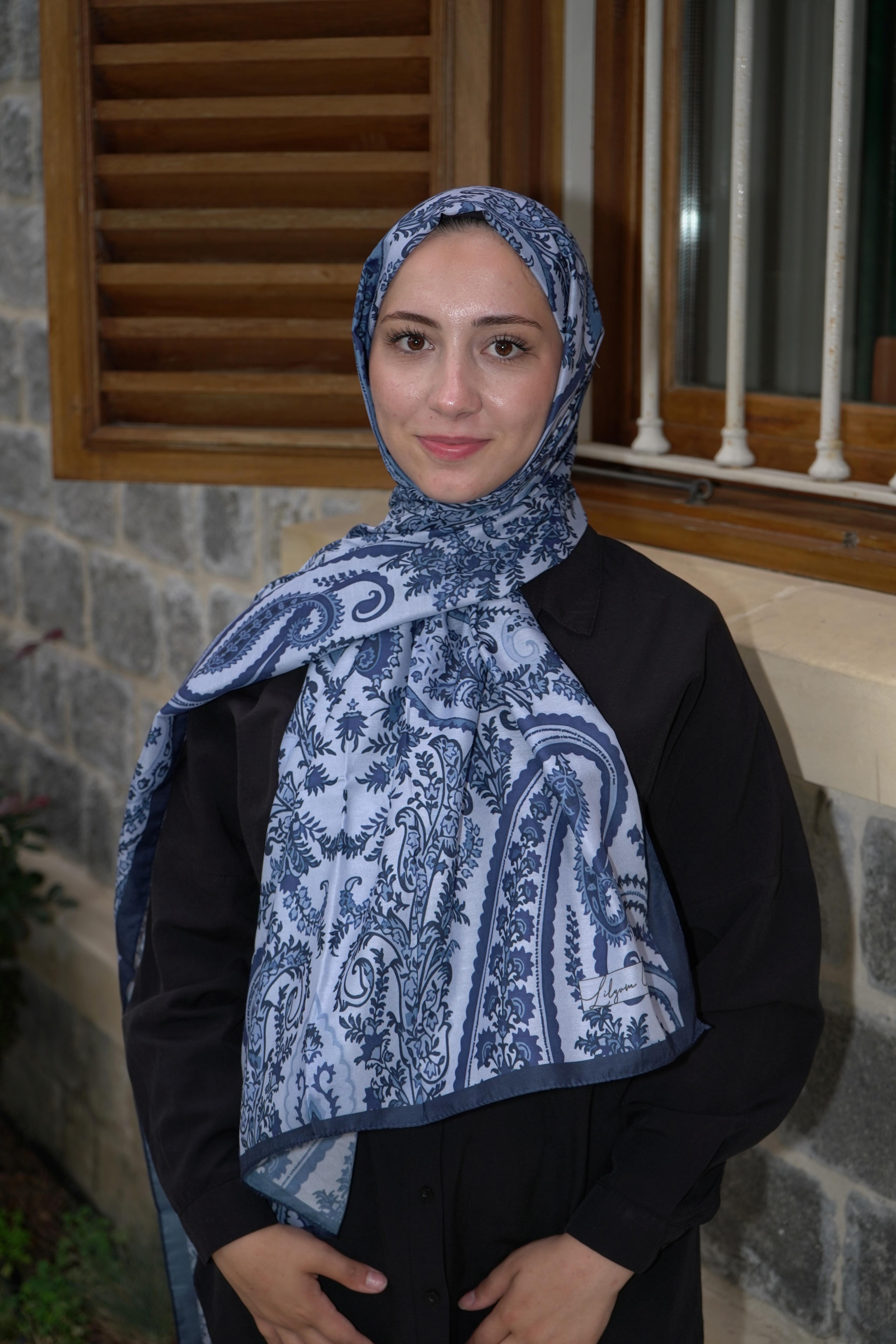Lacivert Zera Desen Pamuk Vual Şal