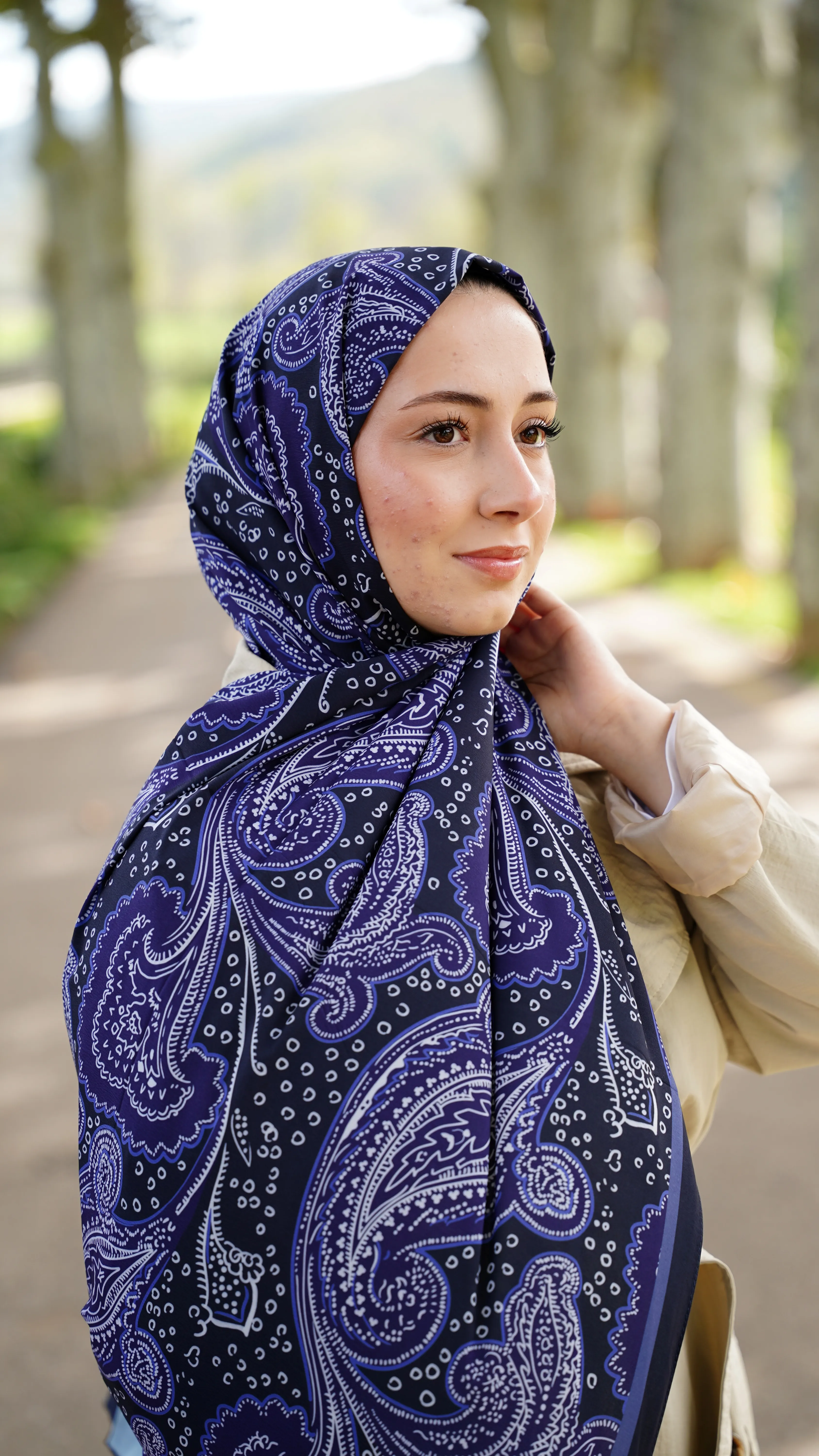 Koyu Lacivert Elya Desen Likralı Pamuk Şal