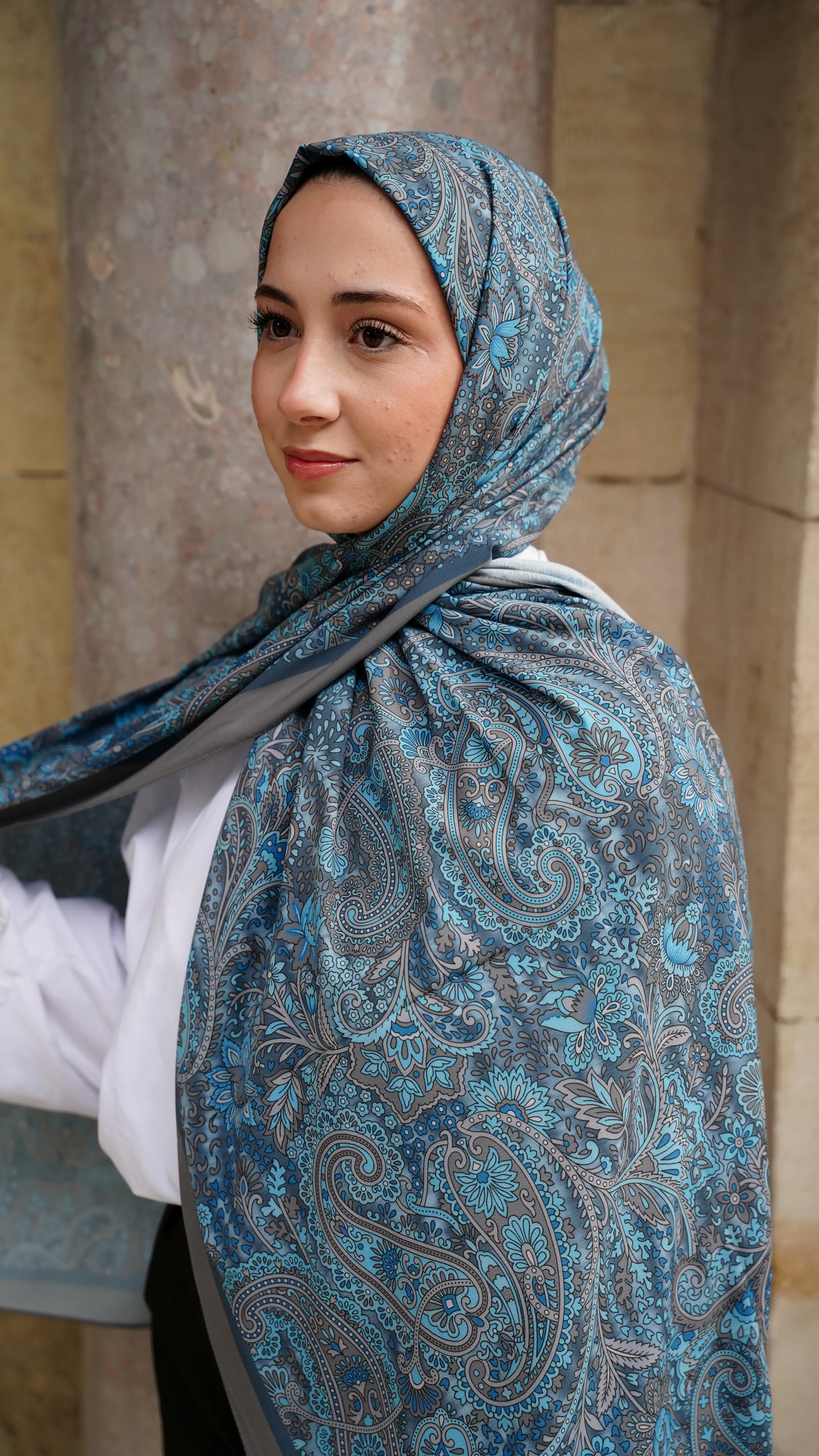 Arın Mavi Mira Desen Likralı Pamuk Şal