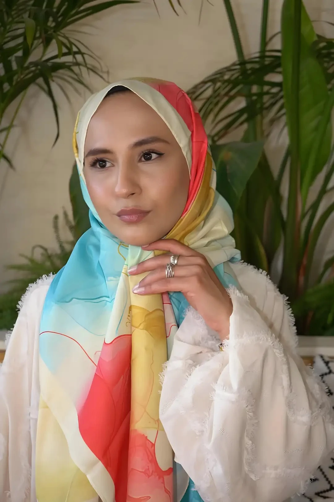 Mercan-Mavi Ahenk Desen Pamuk Vual Şal