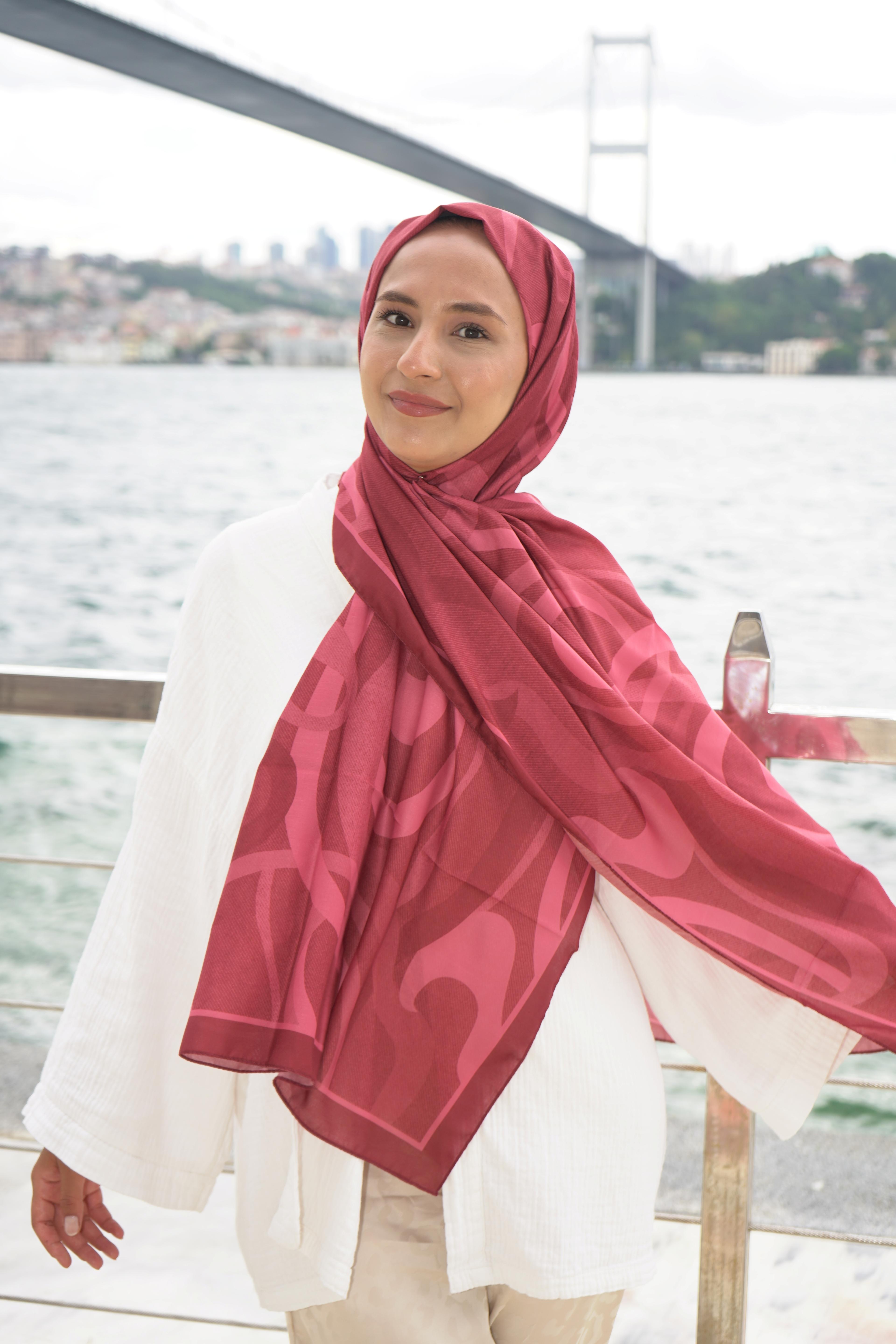 Vişne Akış Desen Pamuk Vual Şal