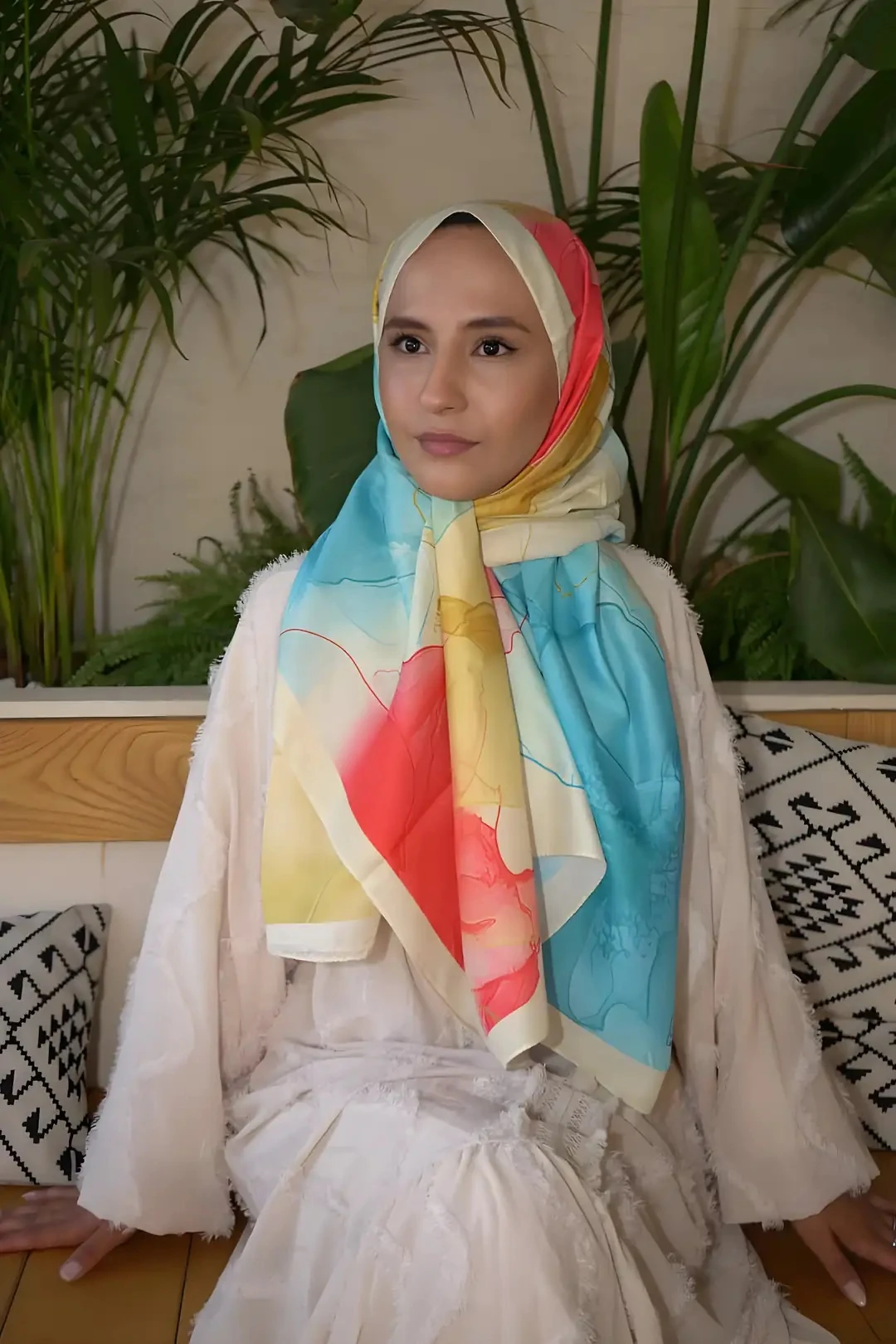 Mercan-Mavi Ahenk Desen Pamuk Vual Şal