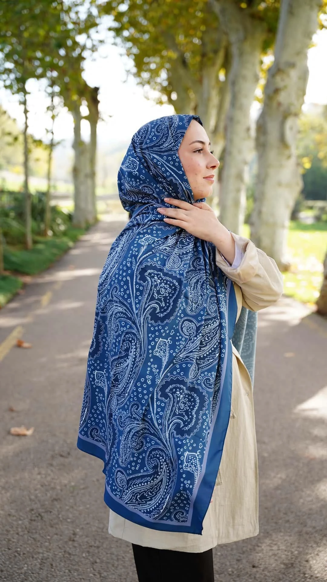 Duru Mavi Elya Desen Likralı Pamuk Şal