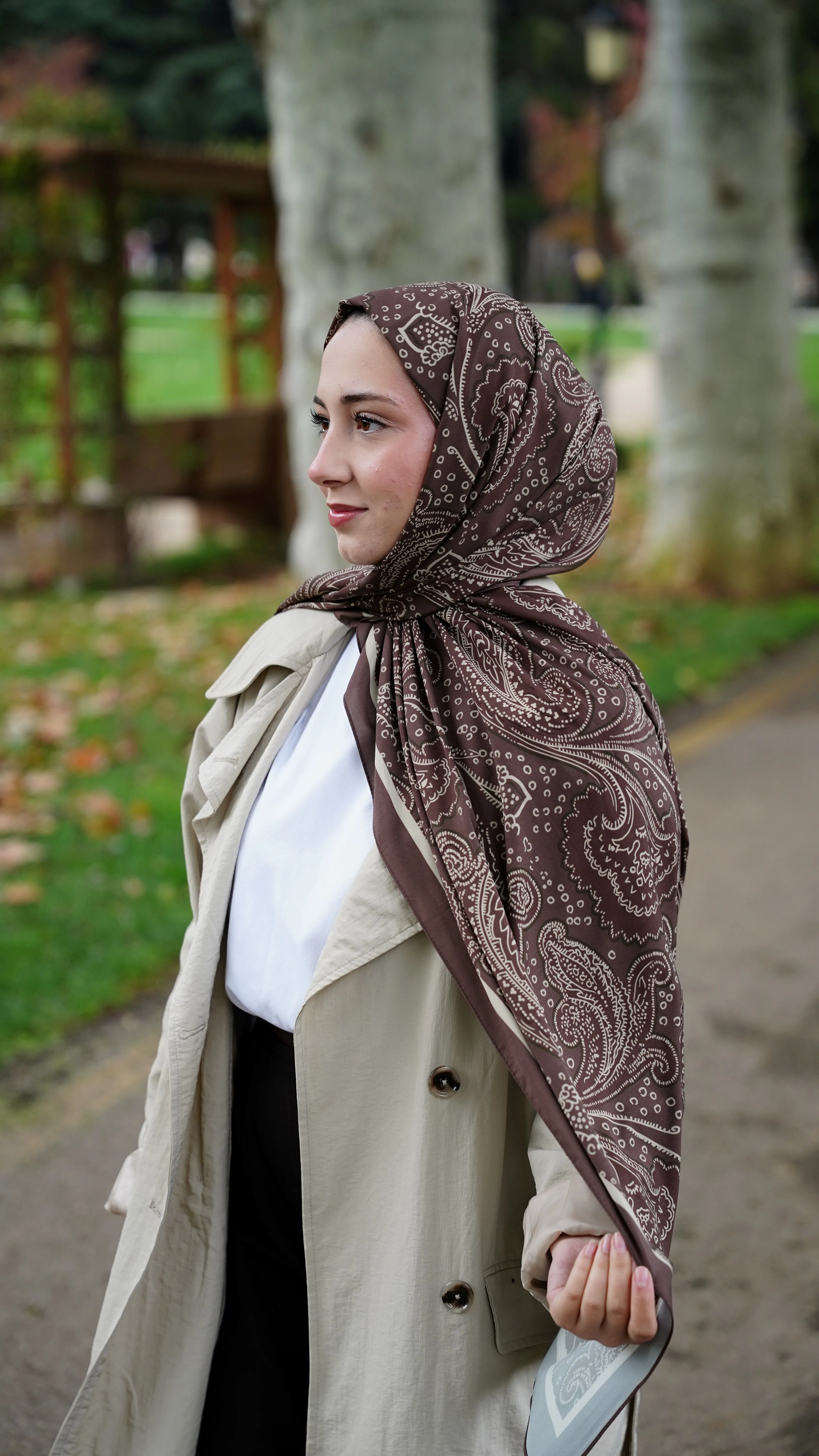 Toprak Kahve Elya Desen Likralı Pamuk Şal