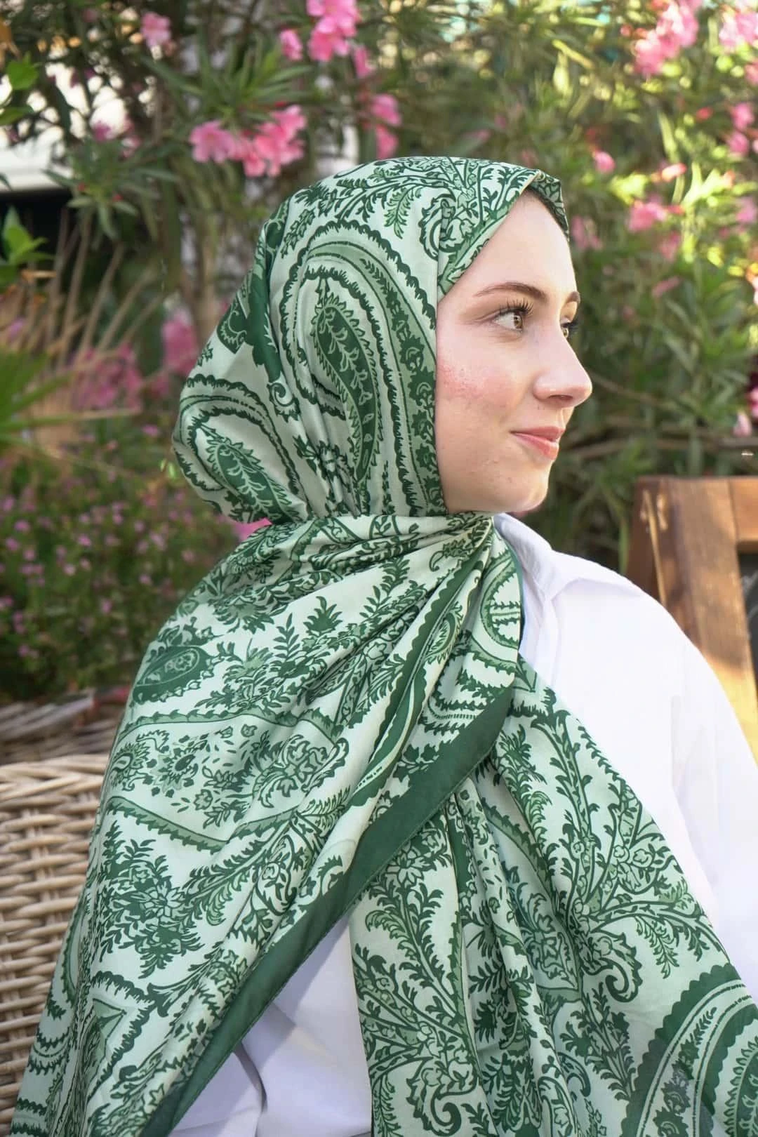 Yeşil Zera Desen Pamuk Vual Şal