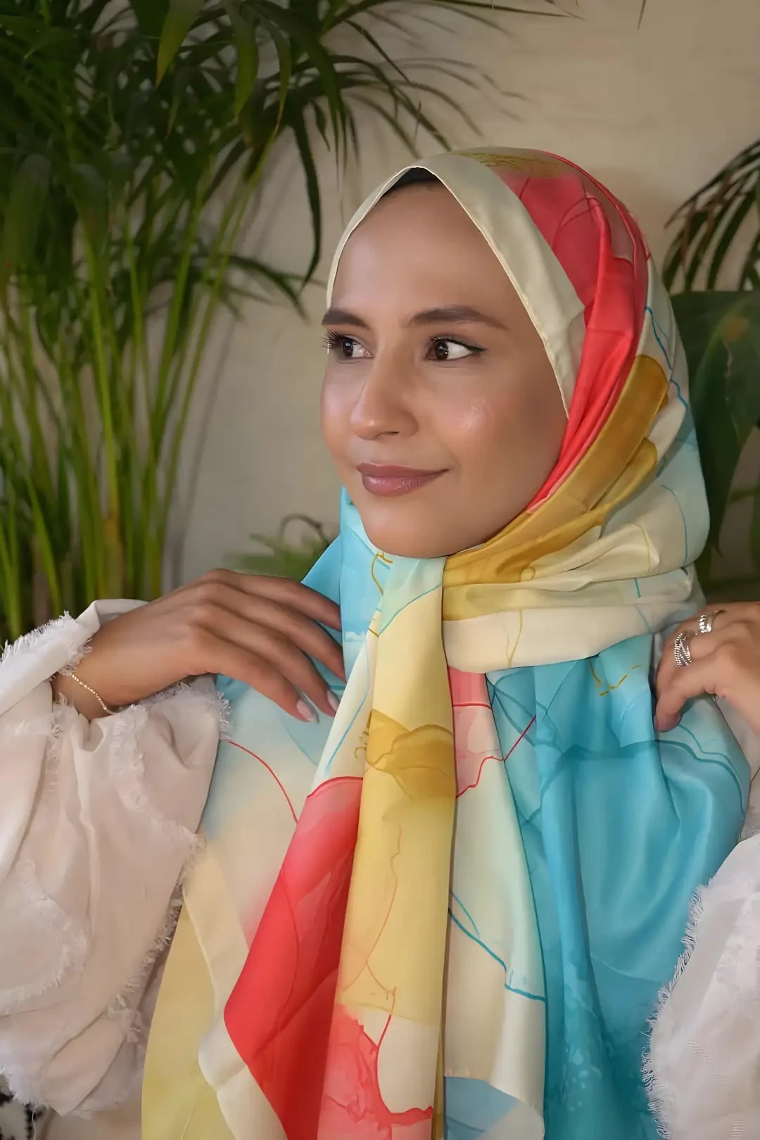 Mercan-Mavi Ahenk Desen Pamuk Vual Şal