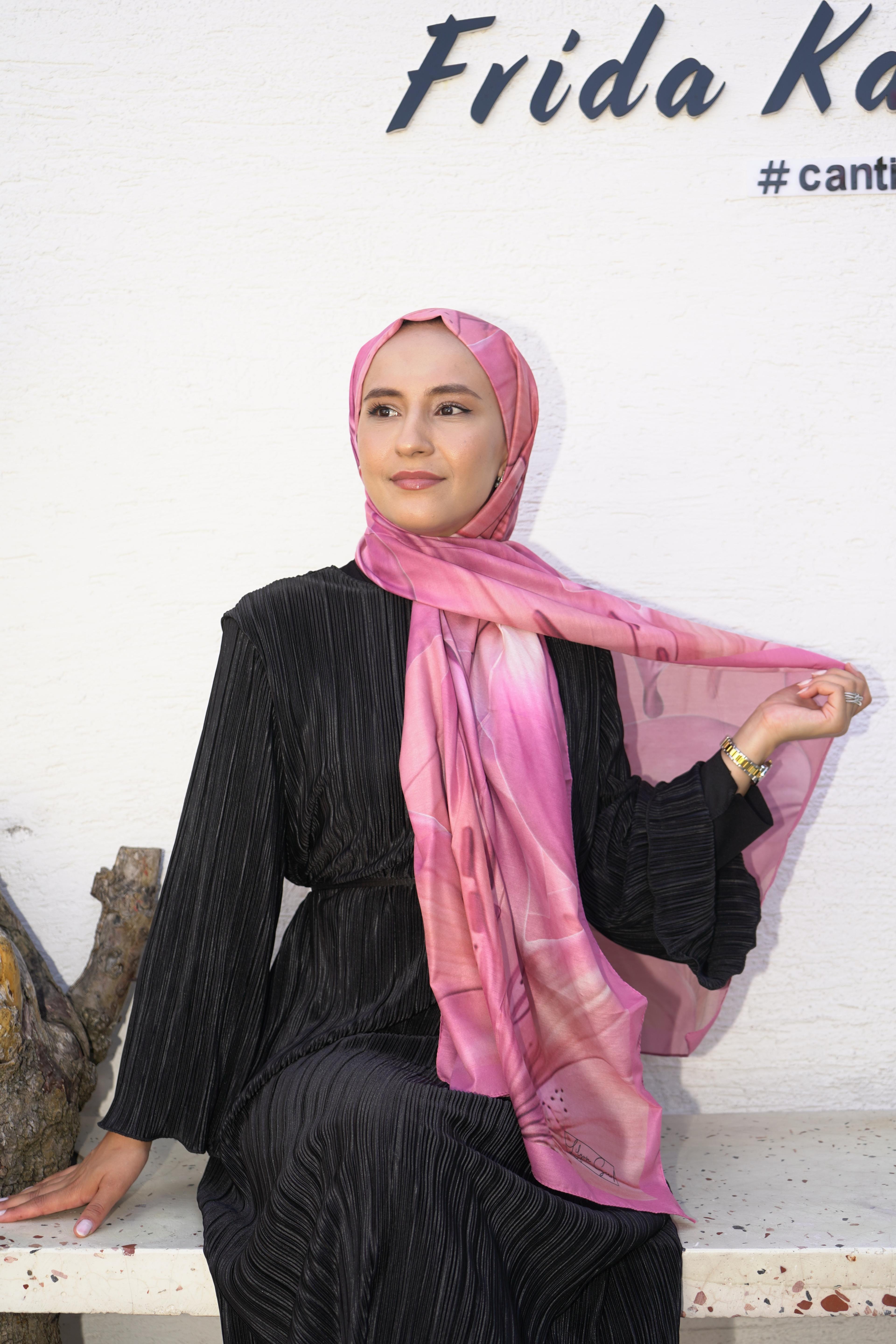 Pembe Lilyum Desen Pamuk Vual Şal