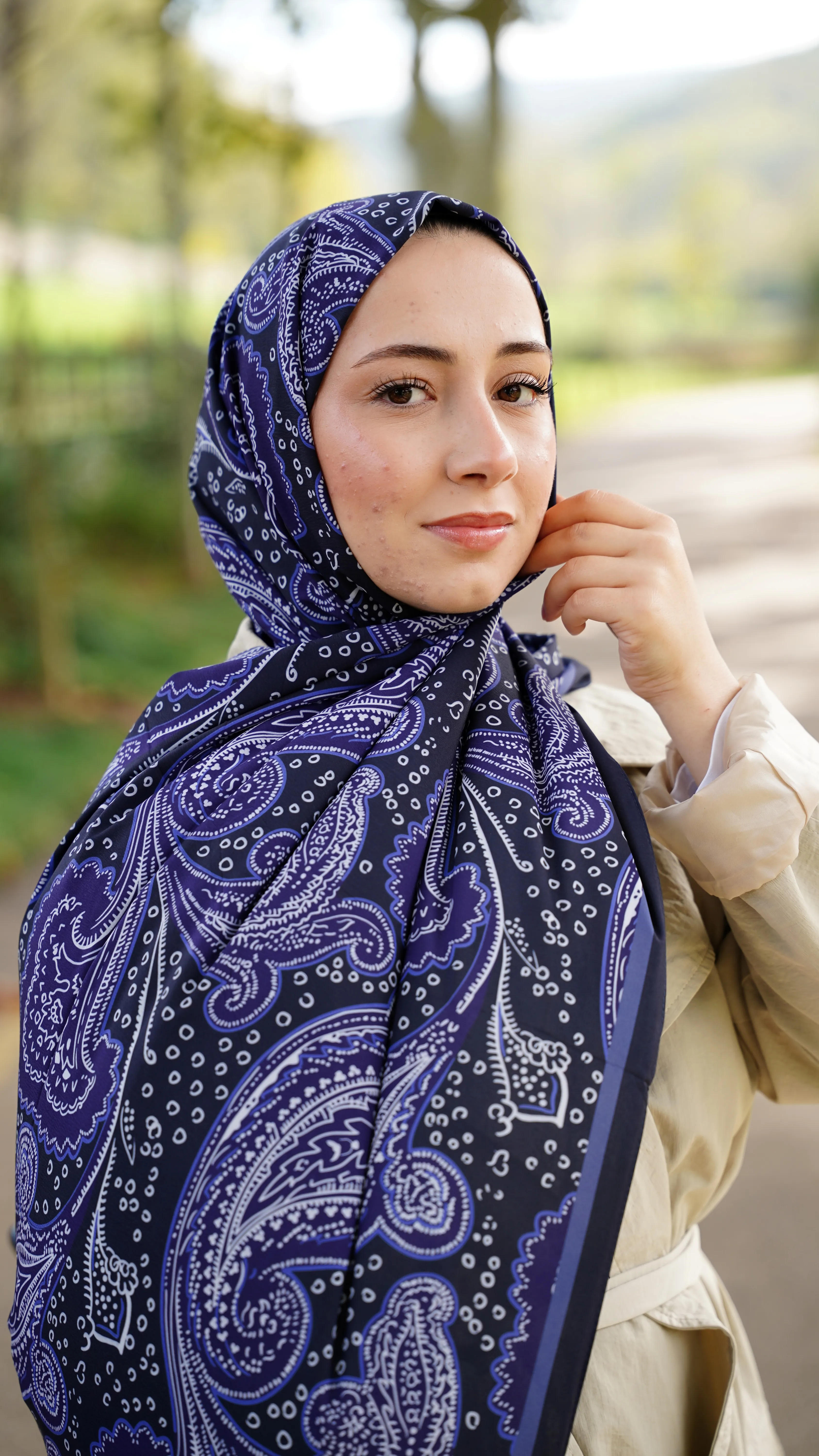 Koyu Lacivert Elya Desen Likralı Pamuk Şal