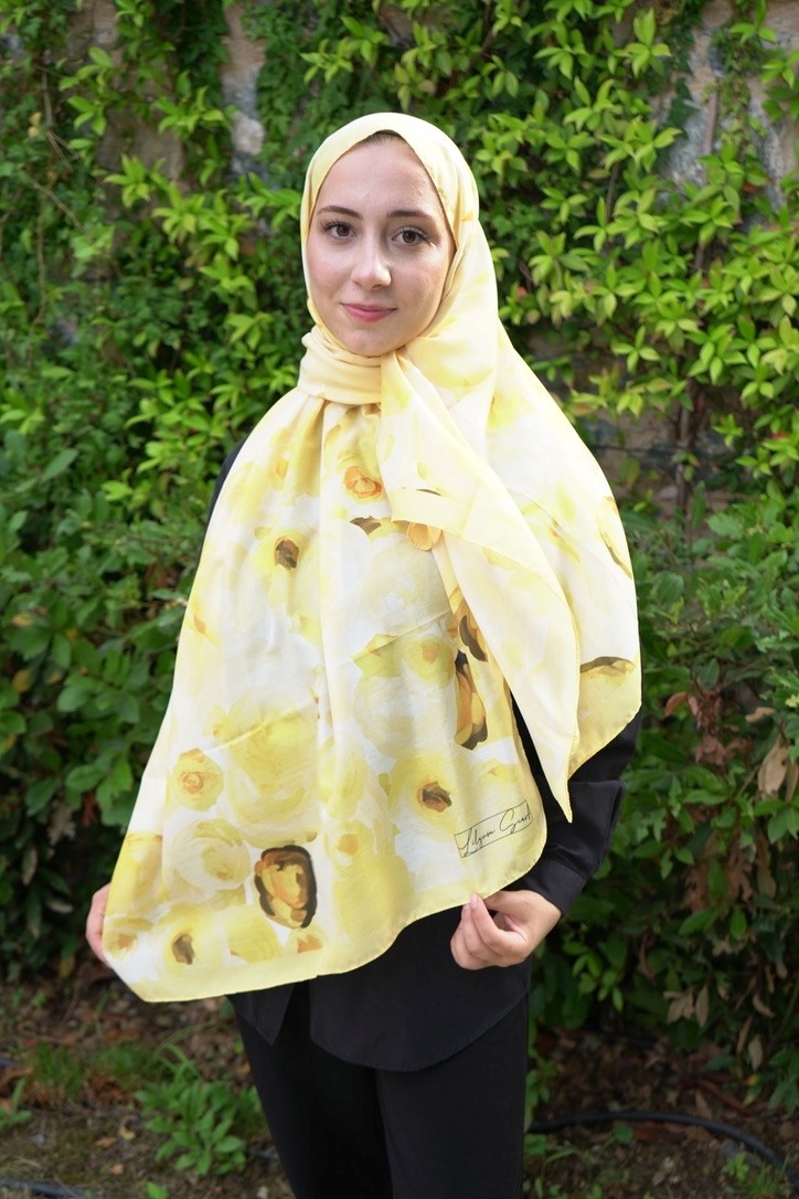 Sarı Flora Desen Pamuk Vual Şal