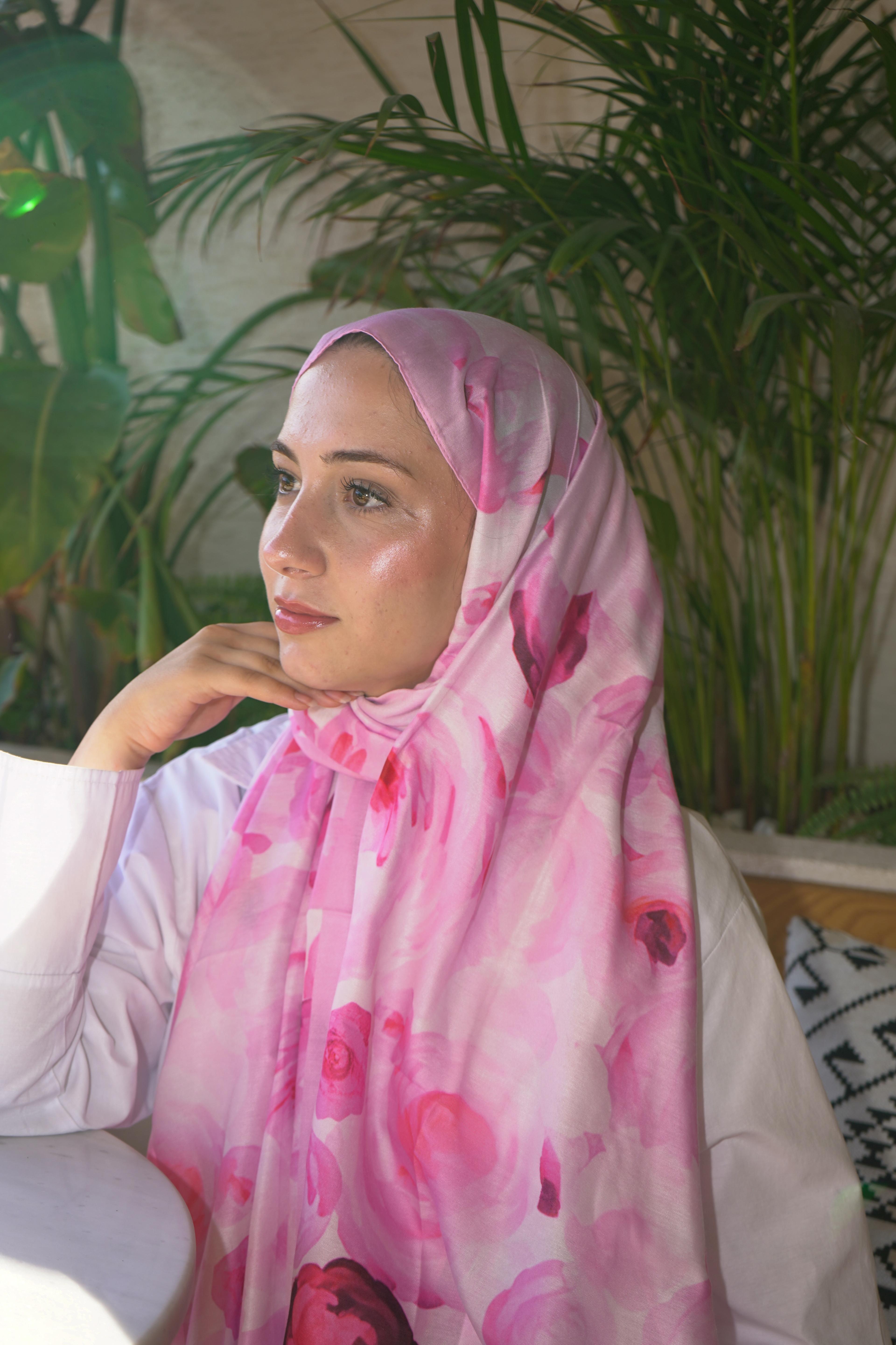Pembe Flora Desen Pamuk Vual Şal