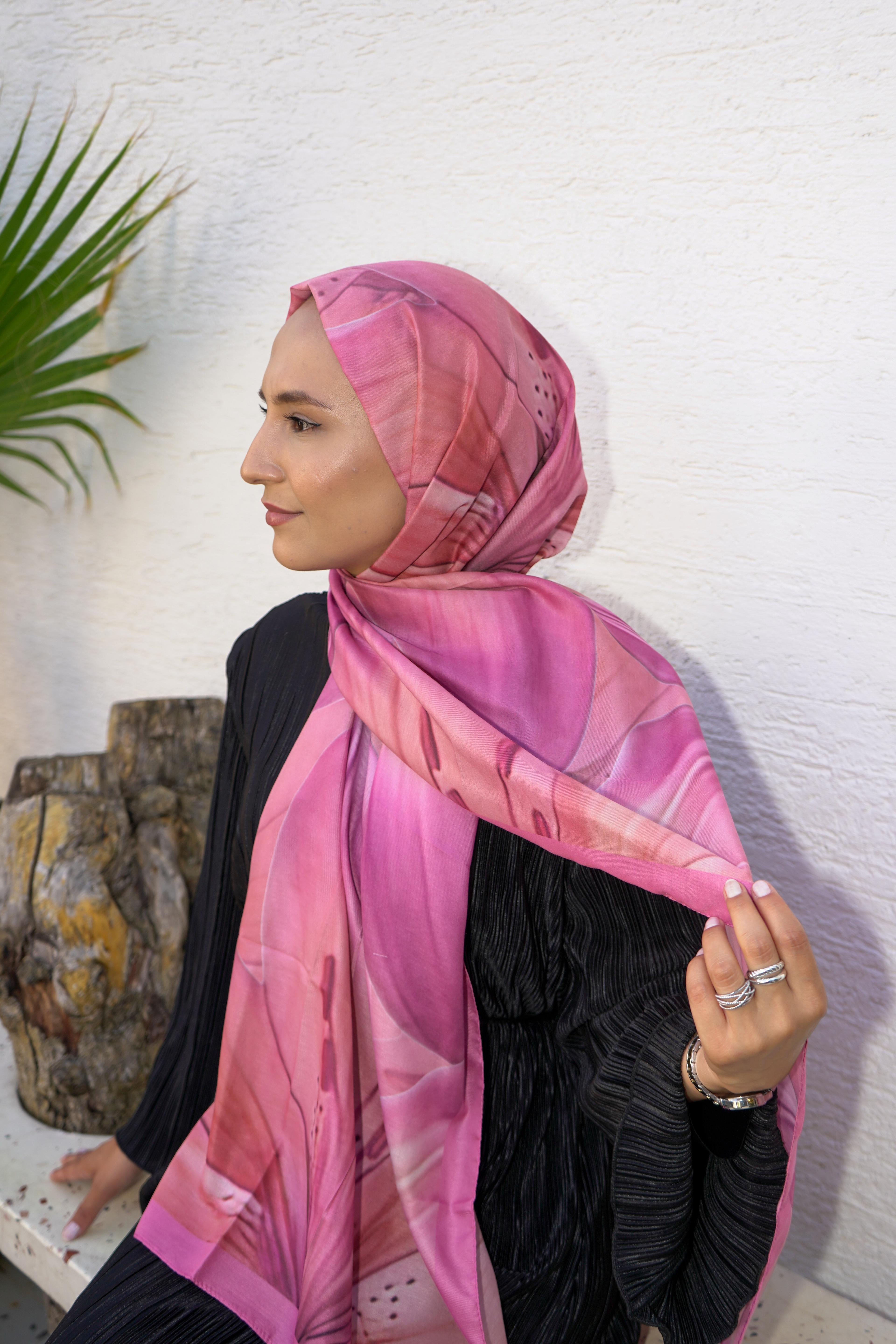 Pembe Lilyum Desen Pamuk Vual Şal