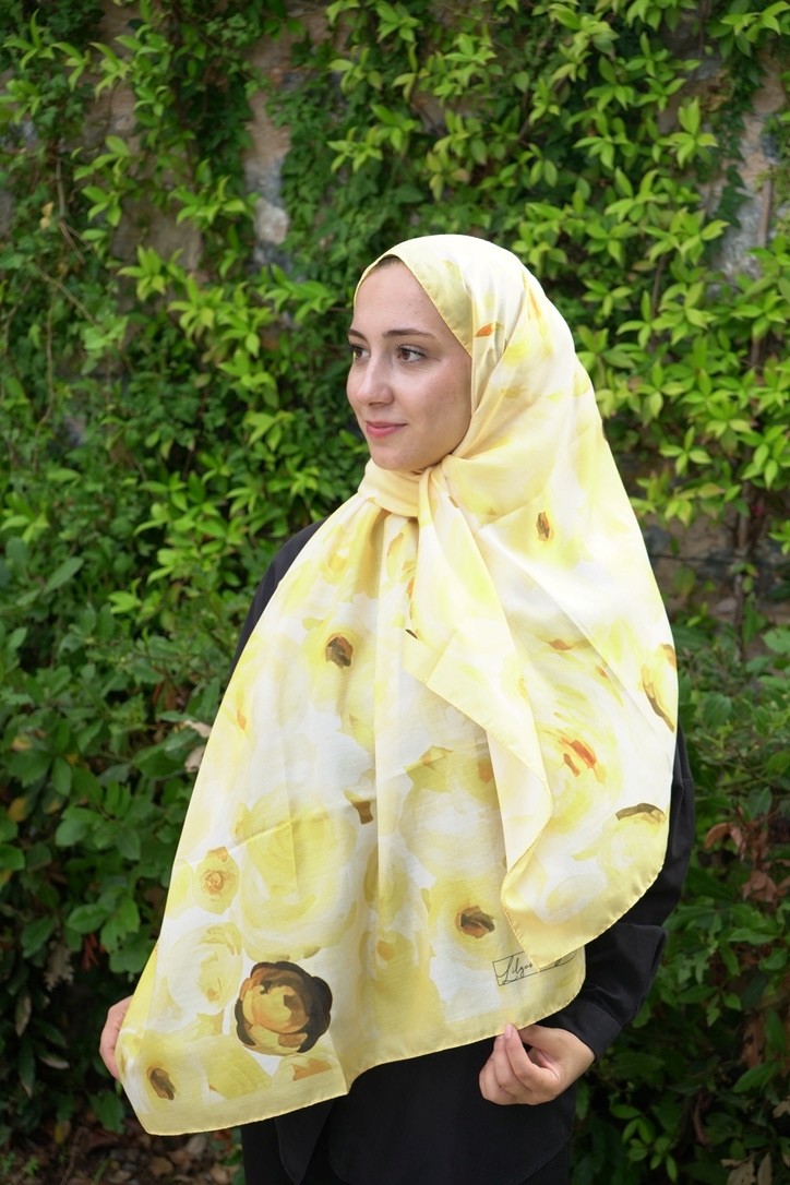 Sarı Flora Desen Pamuk Vual Şal