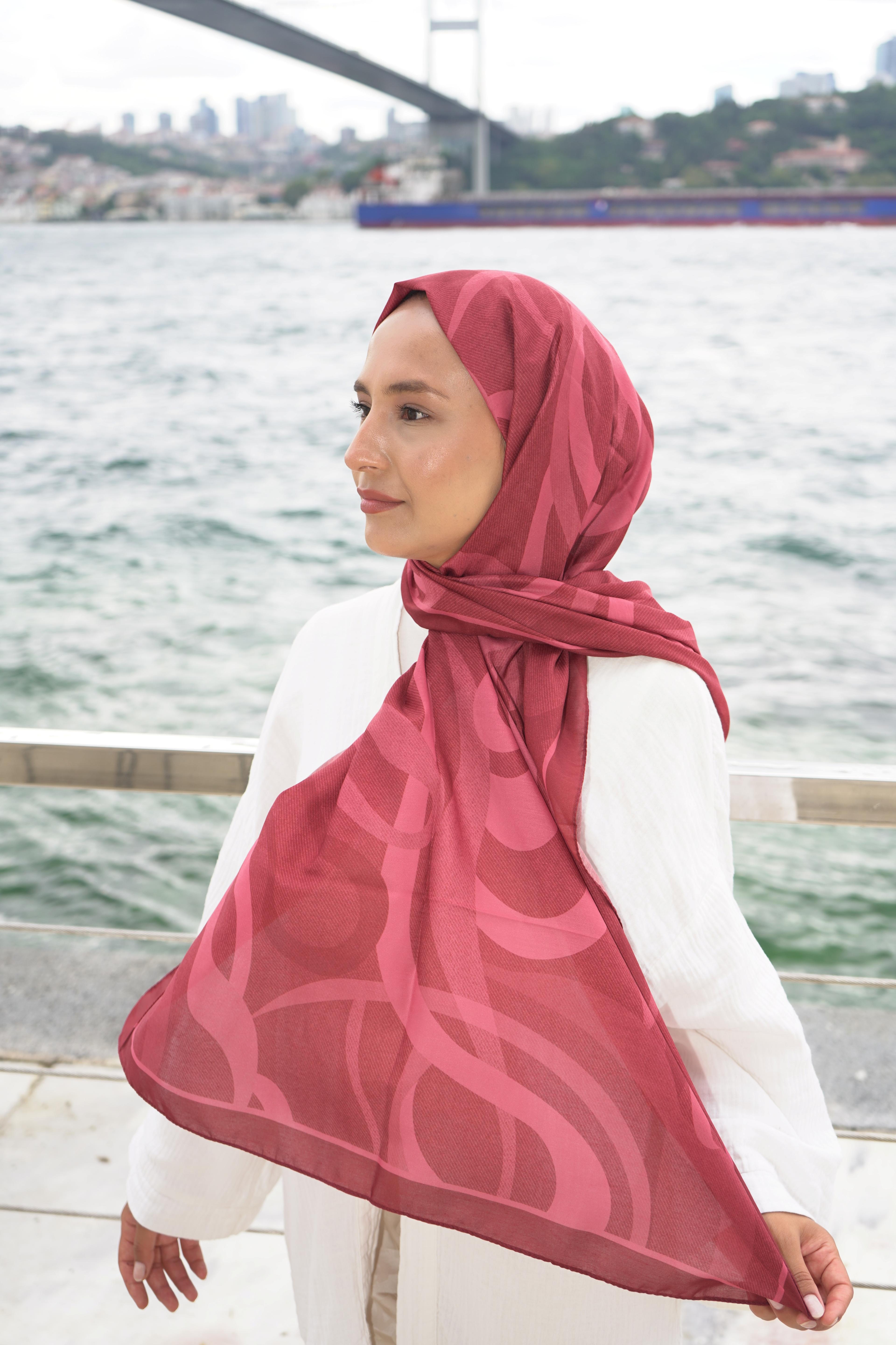 Vişne Akış Desen Pamuk Vual Şal