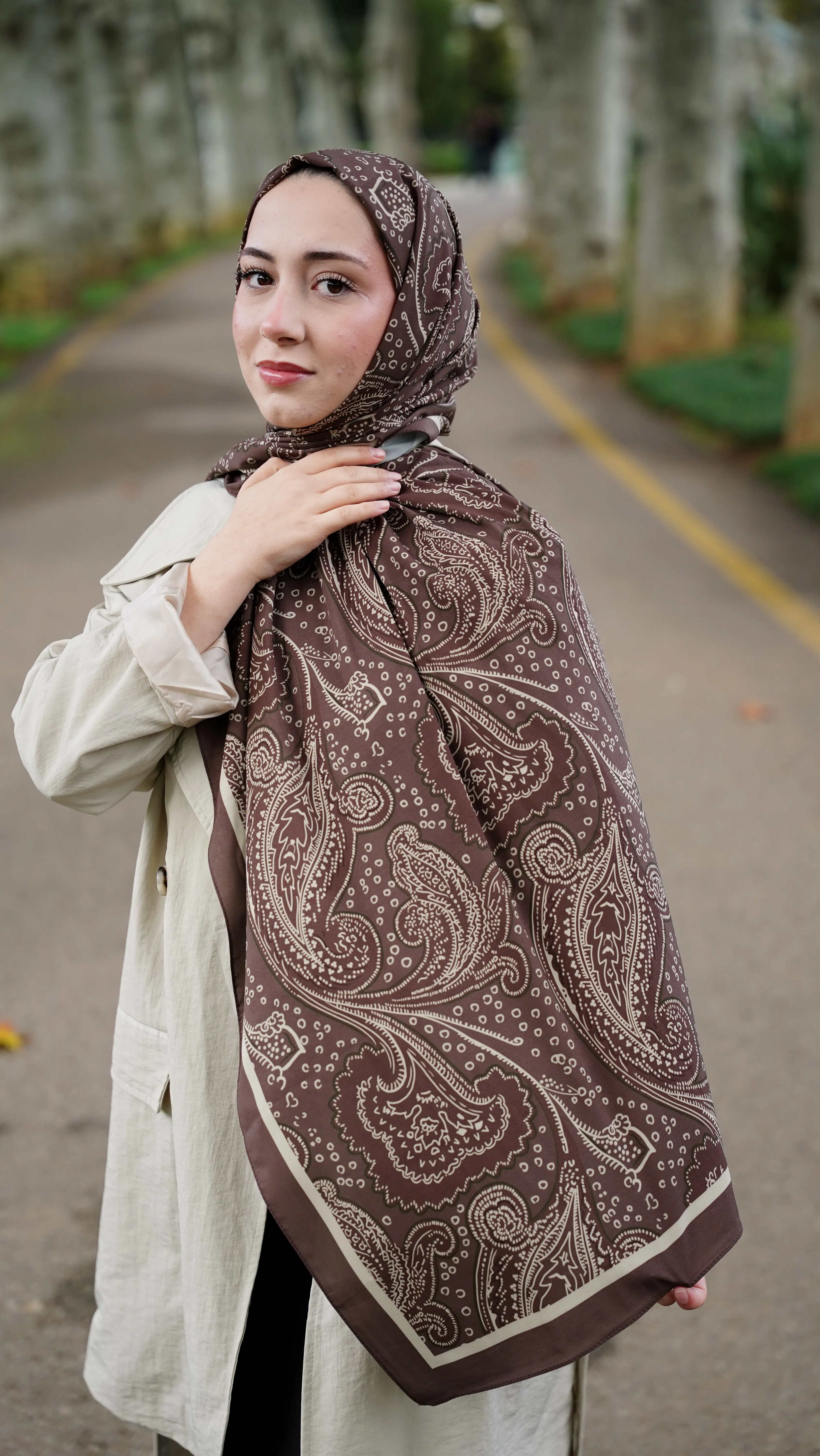 Toprak Kahve Elya Desen Likralı Pamuk Şal