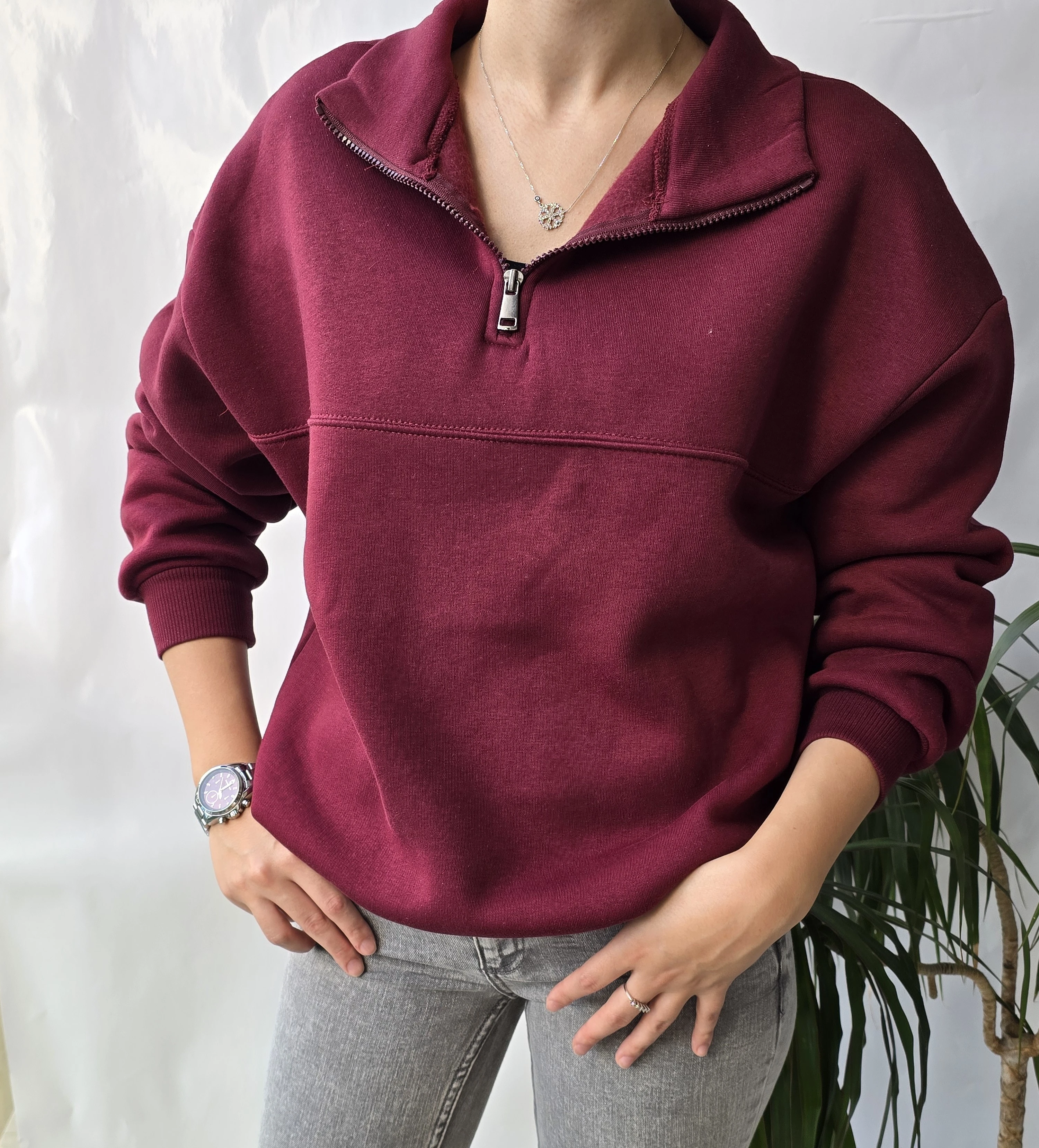 YARIM FERMUARLI SWEATSHIRT – ŞARDONLU - BORDO