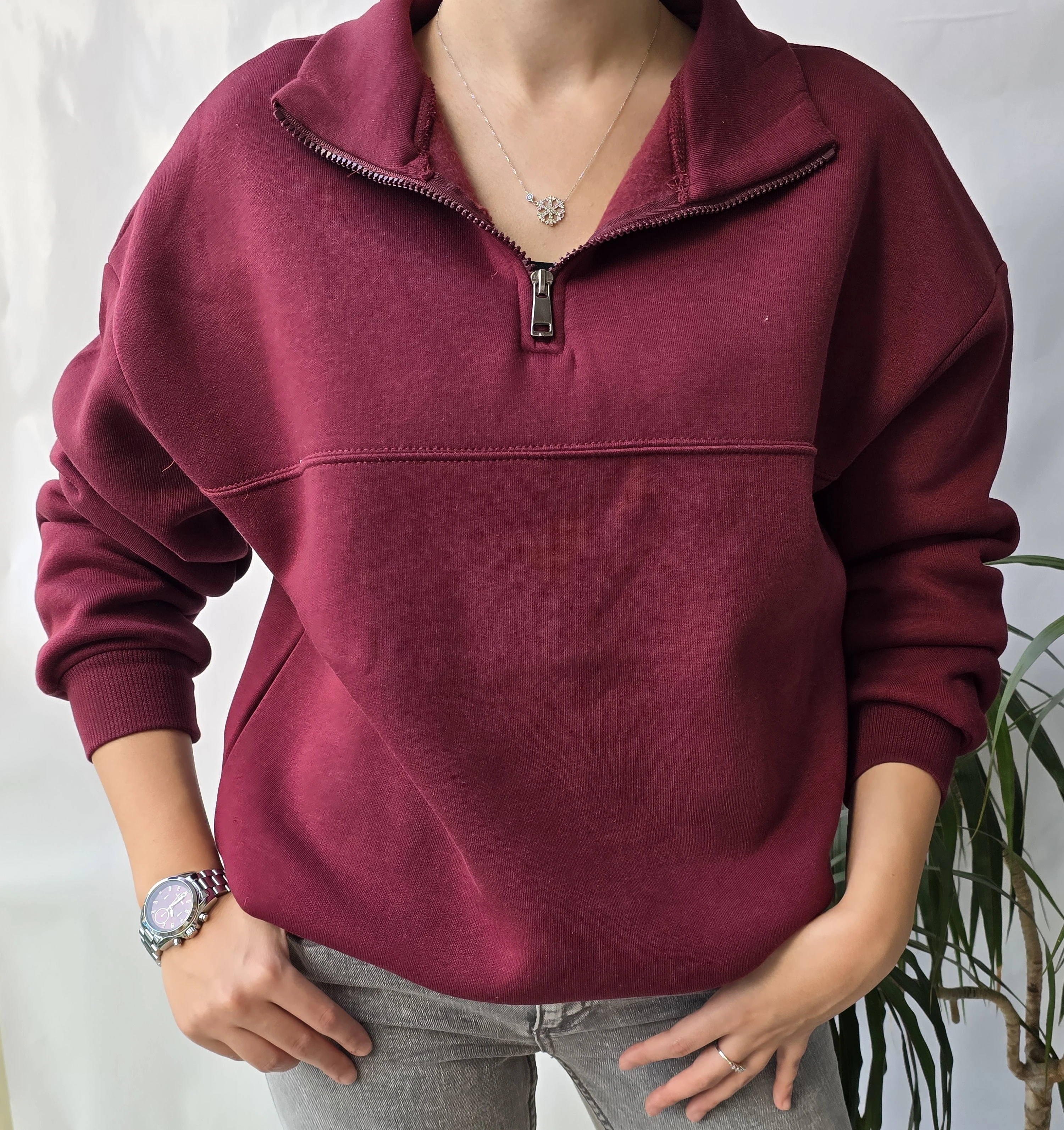 YARIM FERMUARLI SWEATSHIRT – ŞARDONLU