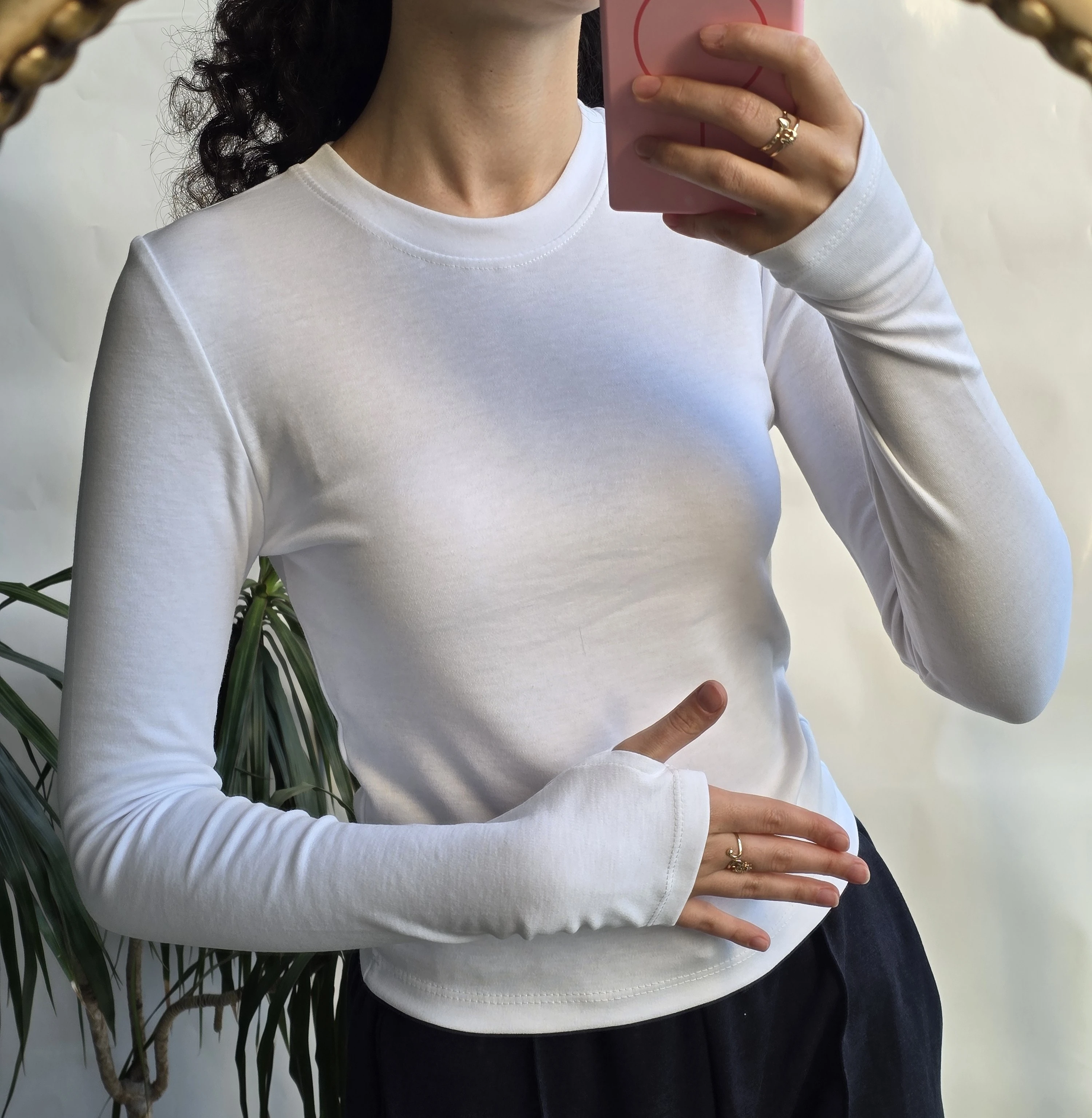 PARMAK GEÇMELİ BODY TSHIRT BİSİKLET YAKA - BEYAZ