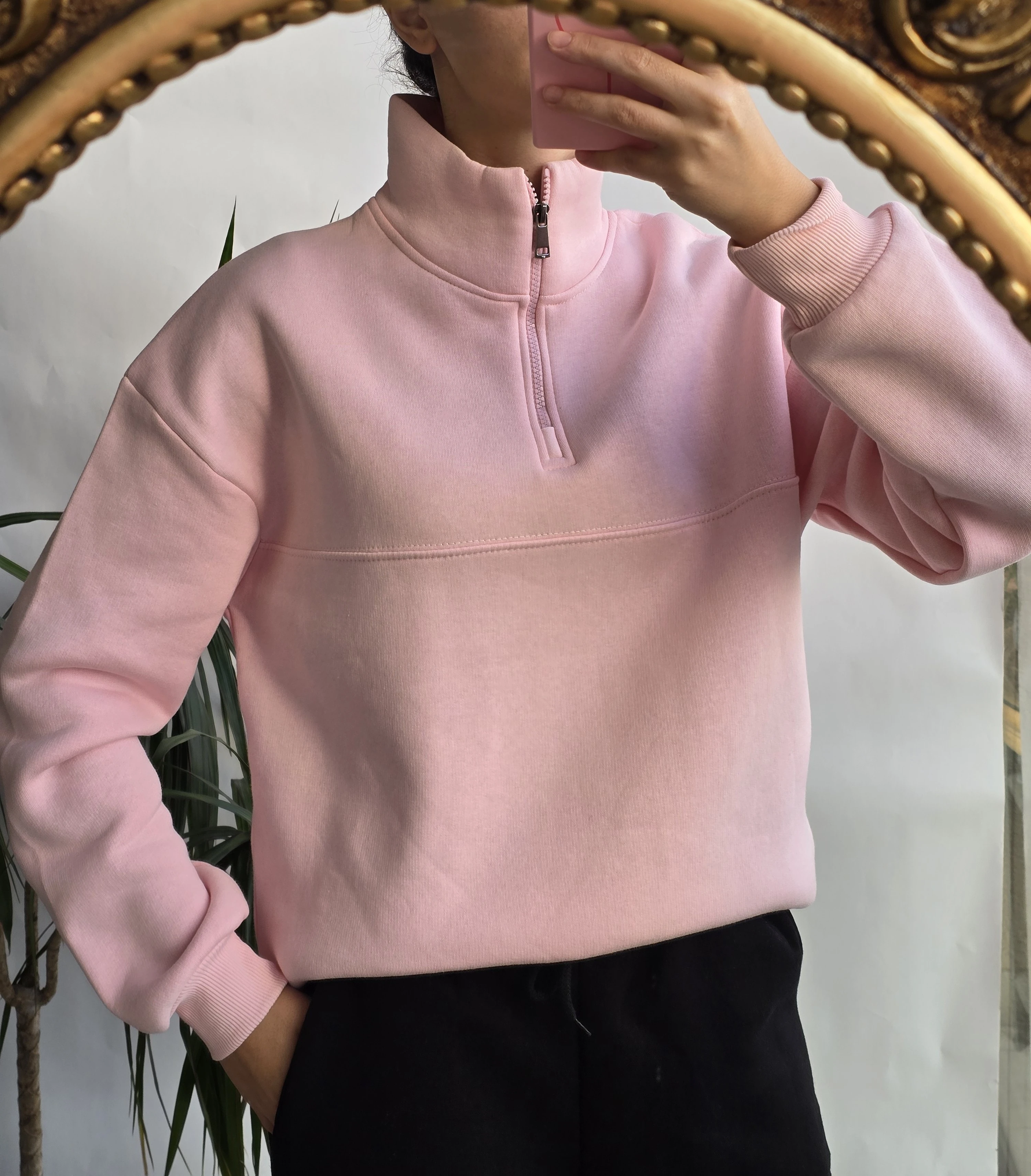 YARIM FERMUARLI SWEATSHIRT – ŞARDONLU - PEMBE