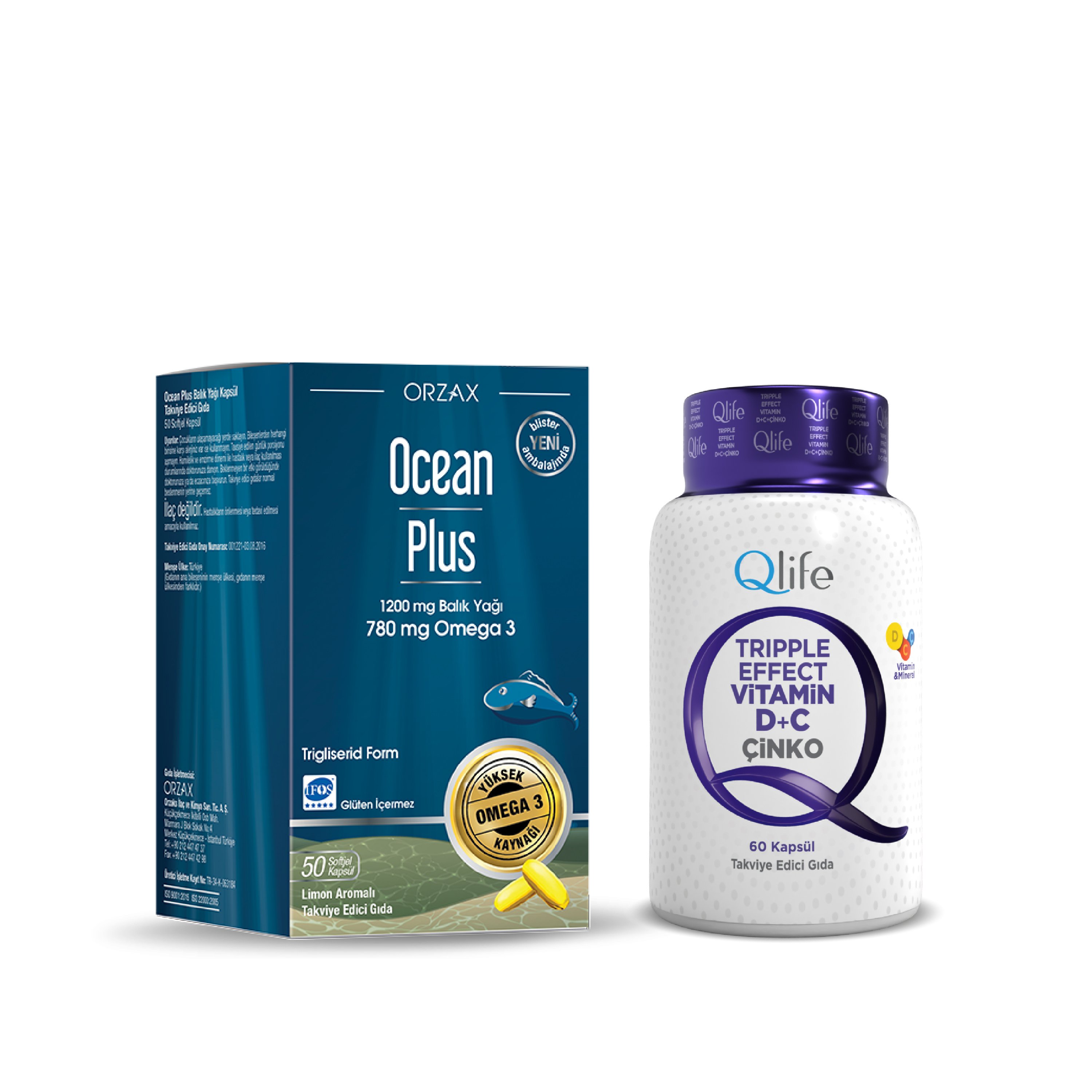 Bağışıklık & Zihin Desteği Seti — Qlife Tripple Effect D, C, Çinko + Ocean Plus 50 Kapsül