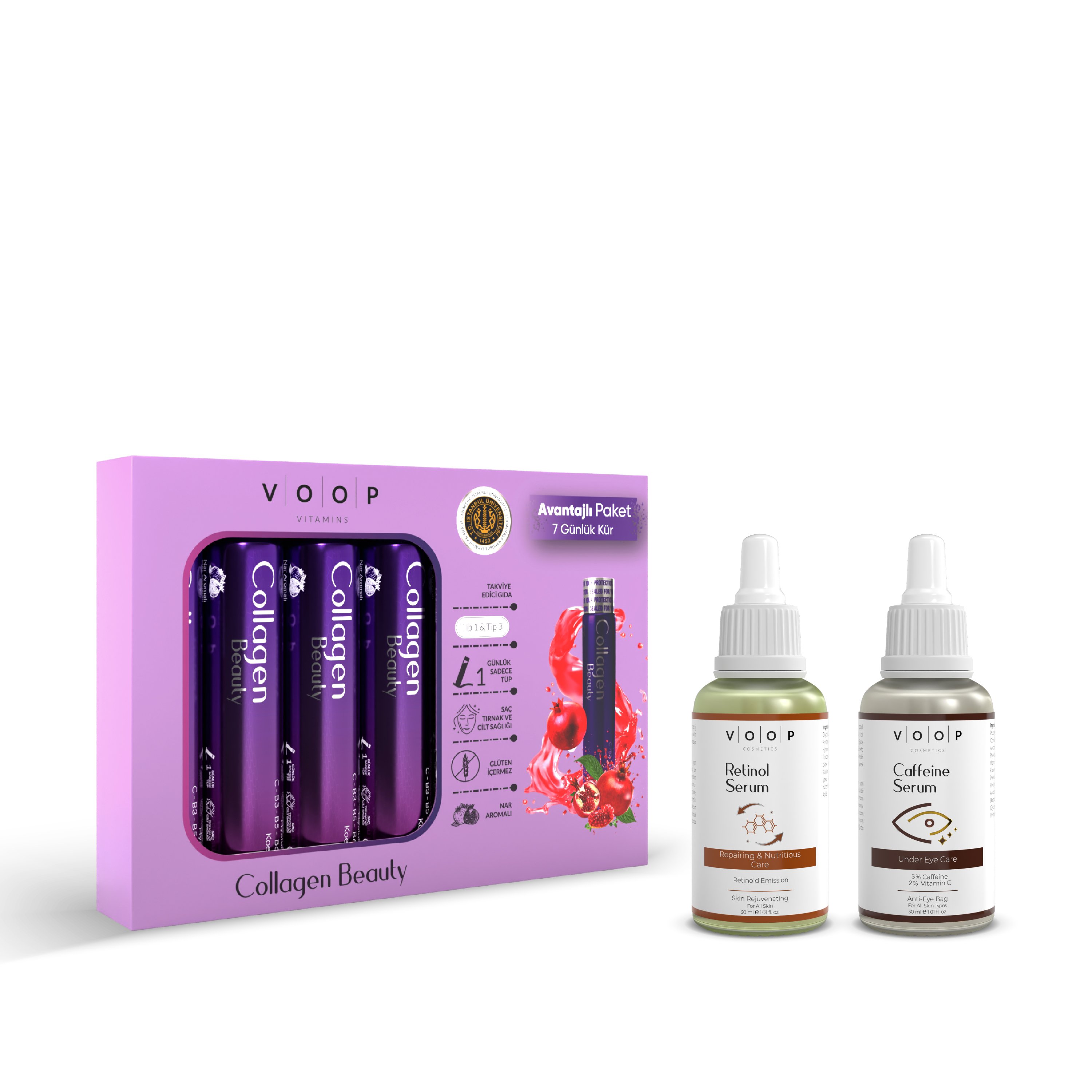 İçten Dışa Güzellik Seti — VOOP Kolajen 7 Tüp + VOOP Retinol & Kafein Serum