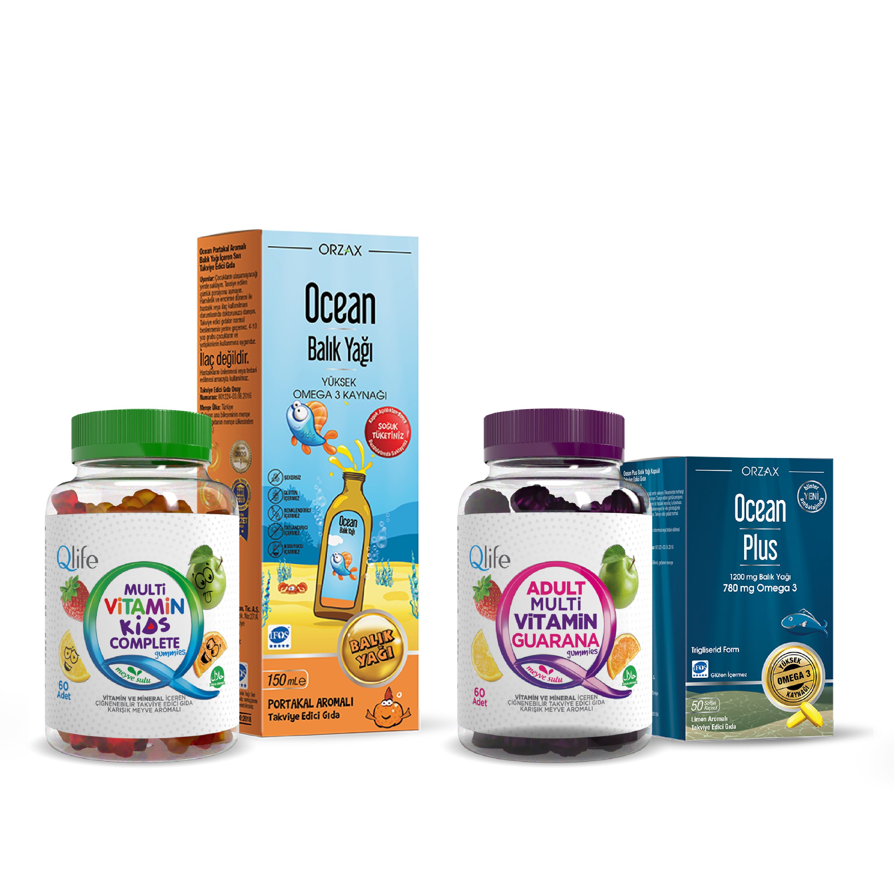 Aile Bağışıklık ve Zihin Desteği Seti — Qlife Yetişkin & Çocuk Gummies + Ocean Balık Yağ Şurup & Kapsül