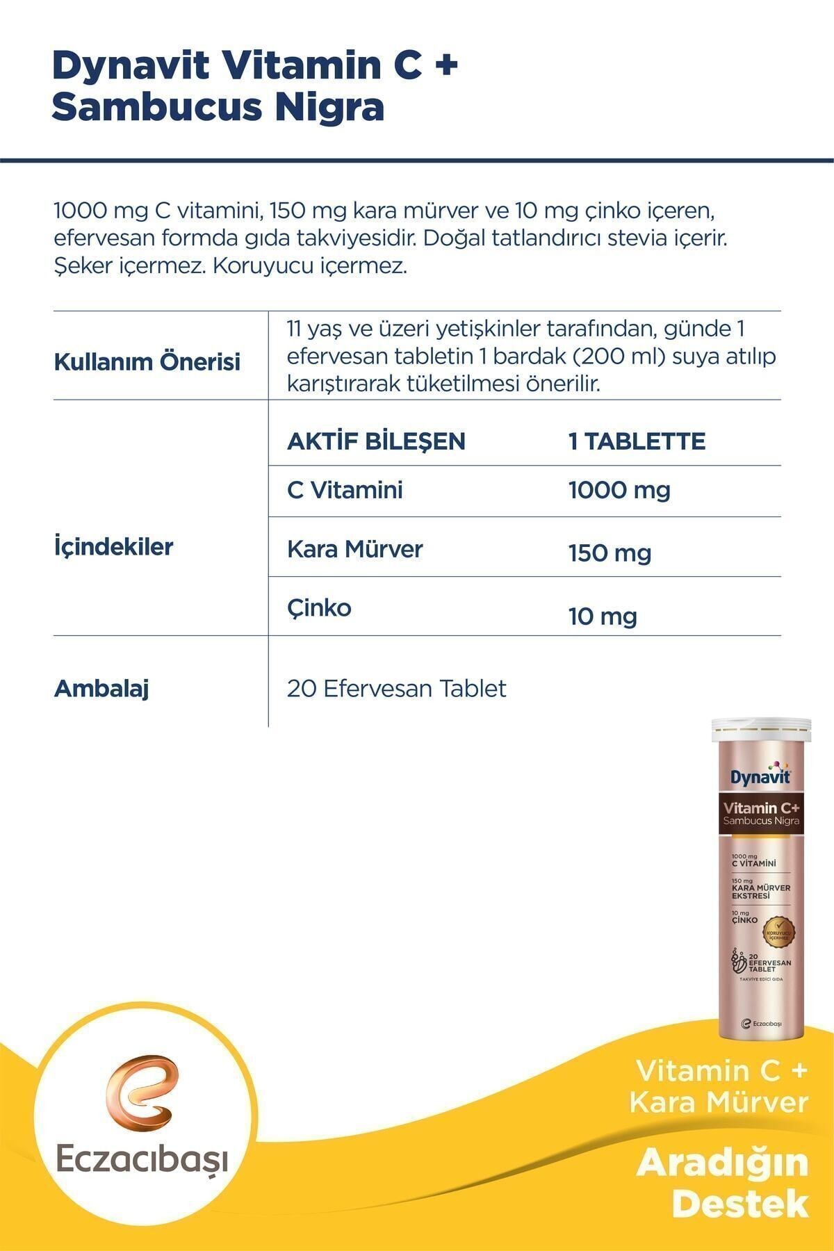 Dynavit Vitamin C+ Sambucus Nigra 20 Efervesan Tablet