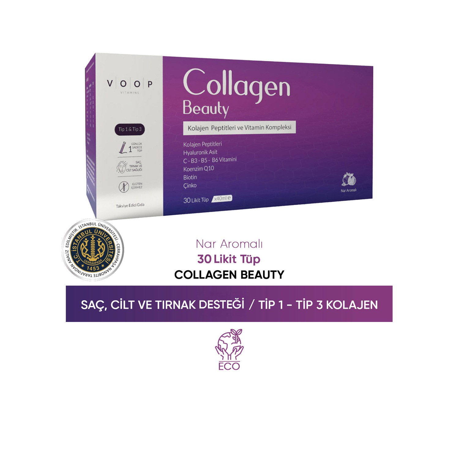 VOOP Collagen Beauty Yüksek Biyoaktif Hidrolize Tip1 & Tip 3 Nar Aromalı Kolajen  | 30 Tüp