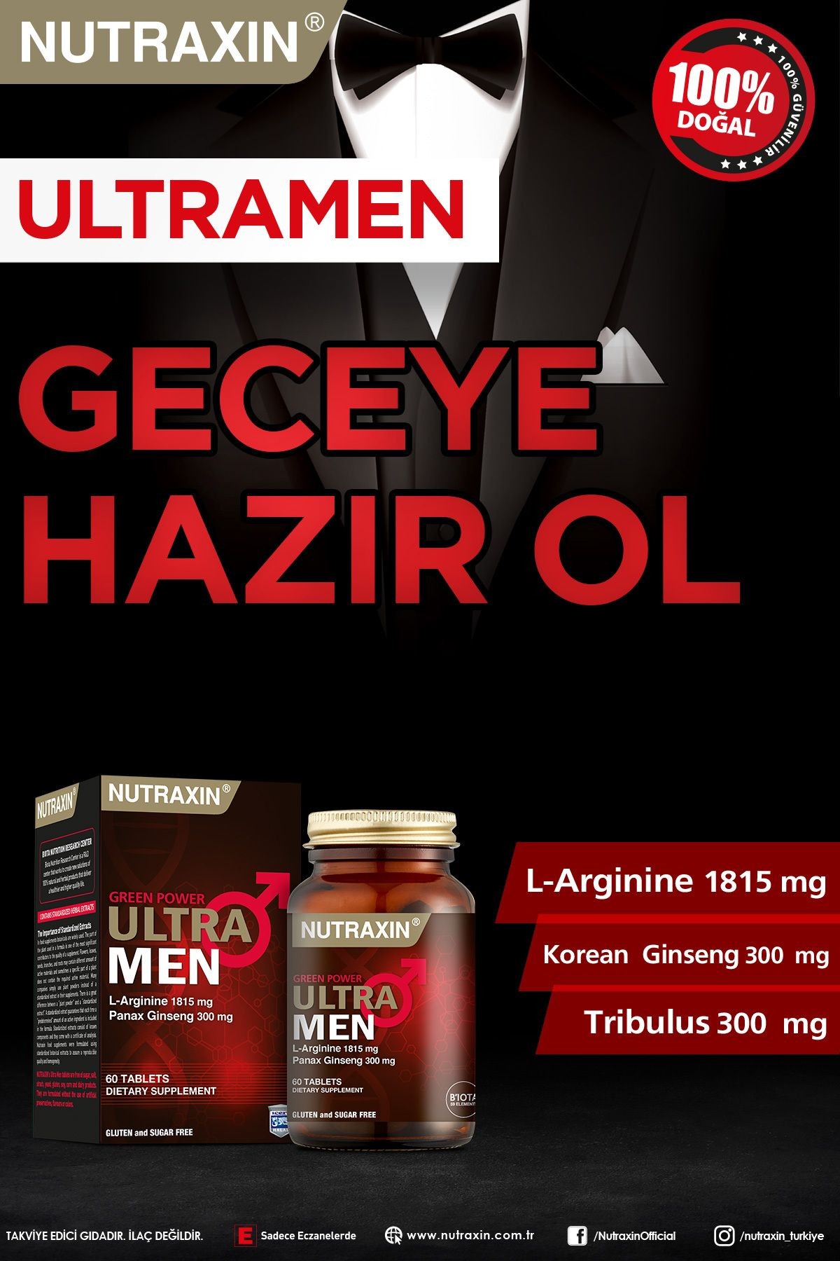 Nutraxin Ultra Men 60 Tablet - L-Arjinin, Ginseng, Zencefil, Demir dikeni, Tarçın