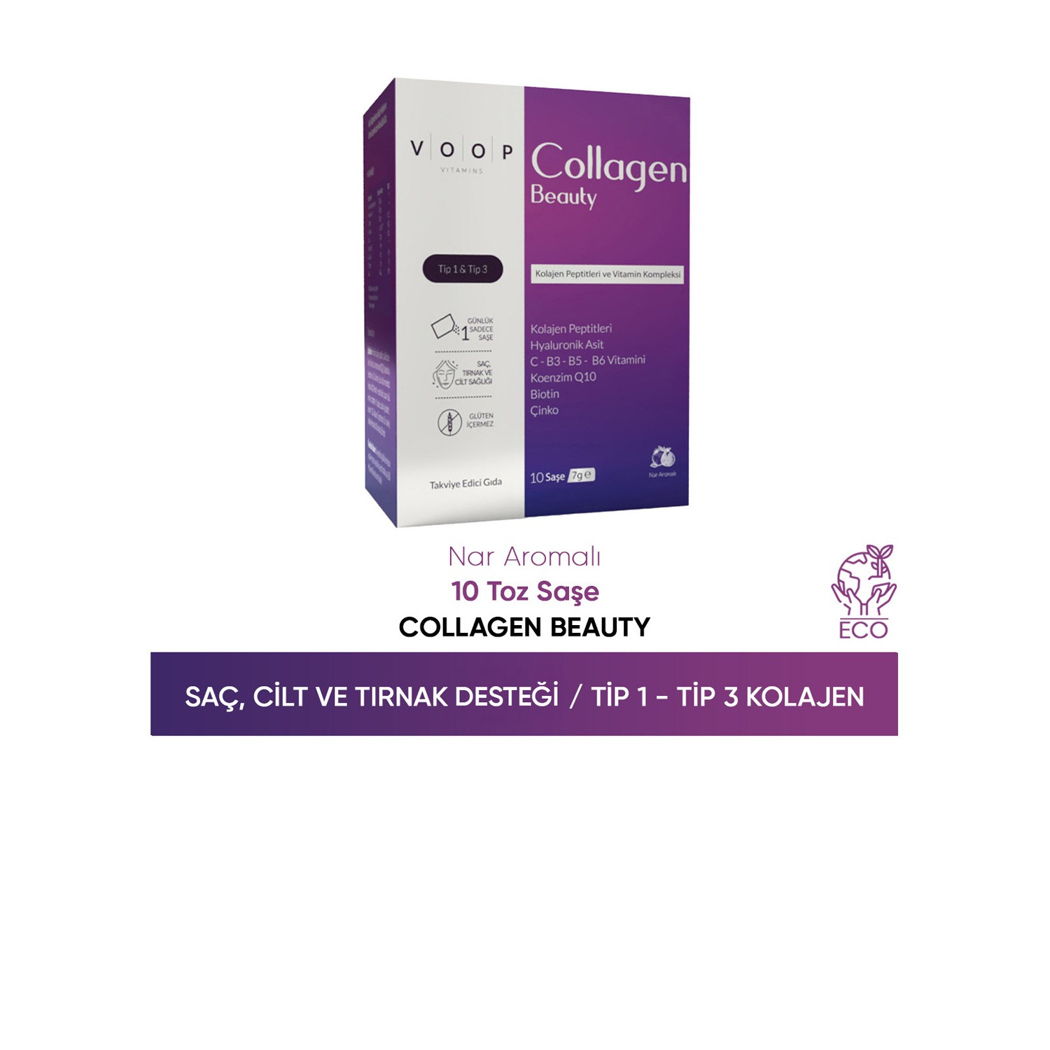 VOOP Collagen Beauty Yüksek Biyoaktif Hidrolize Tip 1 & Tip 3 Kolajen | 10 Toz Saşe