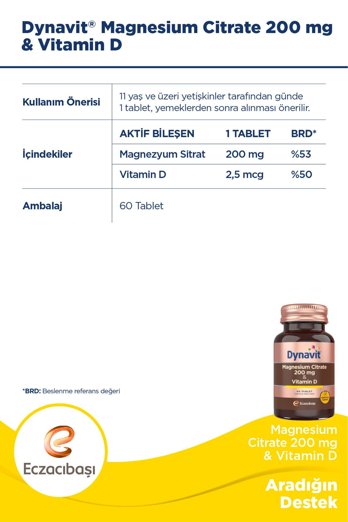 Dynavit Magnesium Citrate 200 mg & Vitamin D 60 Tablet