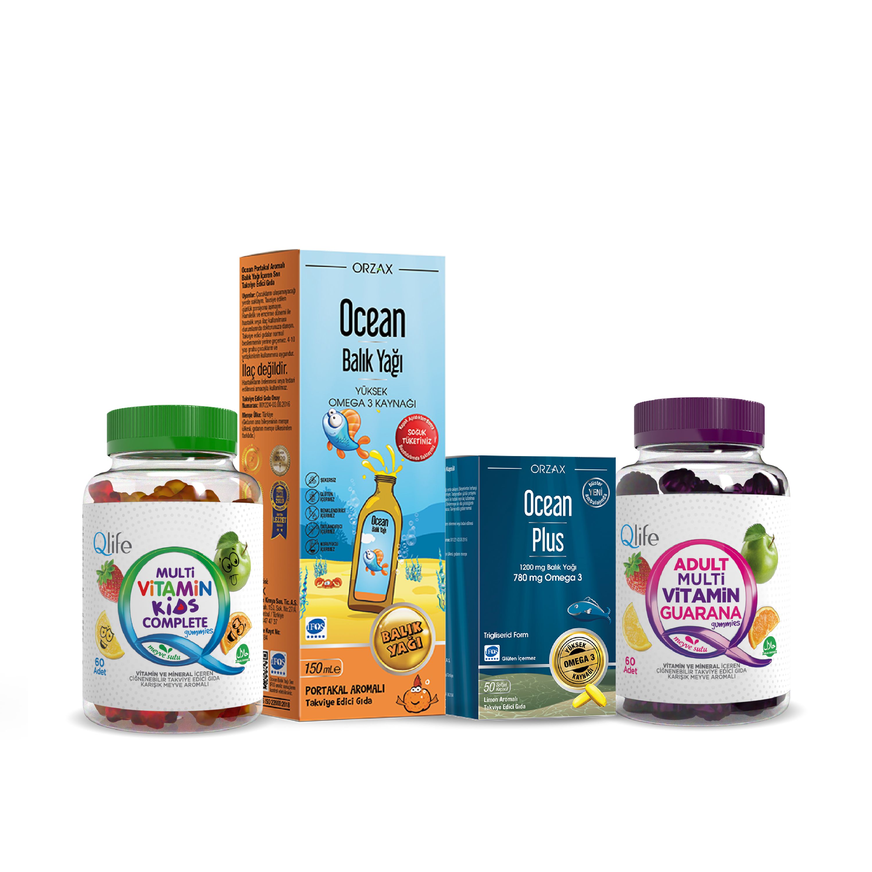 Aile Bağışıklık ve Zihin Desteği Seti — Qlife Yetişkin & Çocuk Gummies + Ocean Balık Yağ Şurup & Kapsül