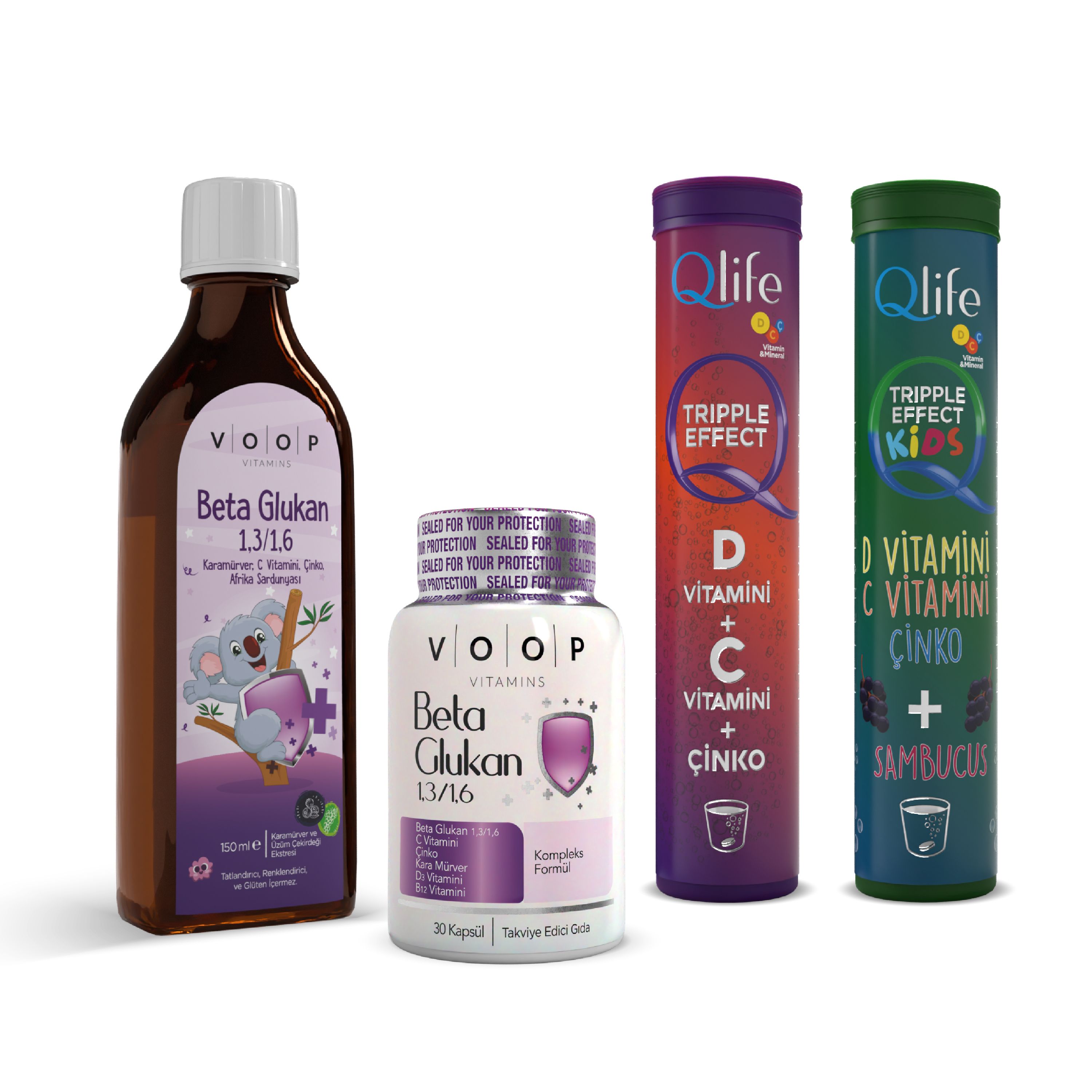 Aile Bağışıklık Seti — VOOP Beta Glukan Şurup & Kapsül + Qlife D, C, Çinko Kids & Adult Efervesan