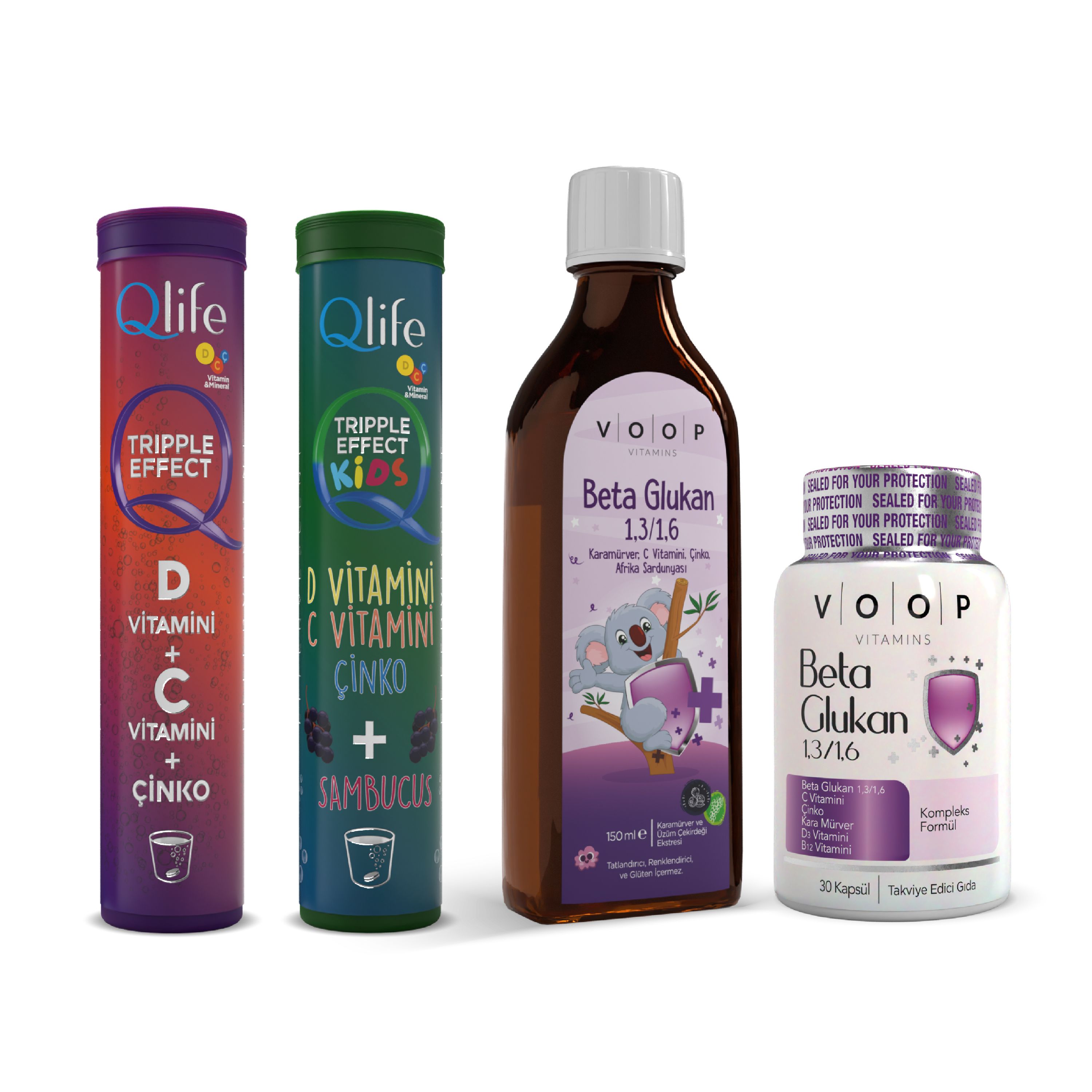 Aile Bağışıklık Seti — VOOP Beta Glukan Şurup & Kapsül + Qlife D, C, Çinko Kids & Adult Efervesan