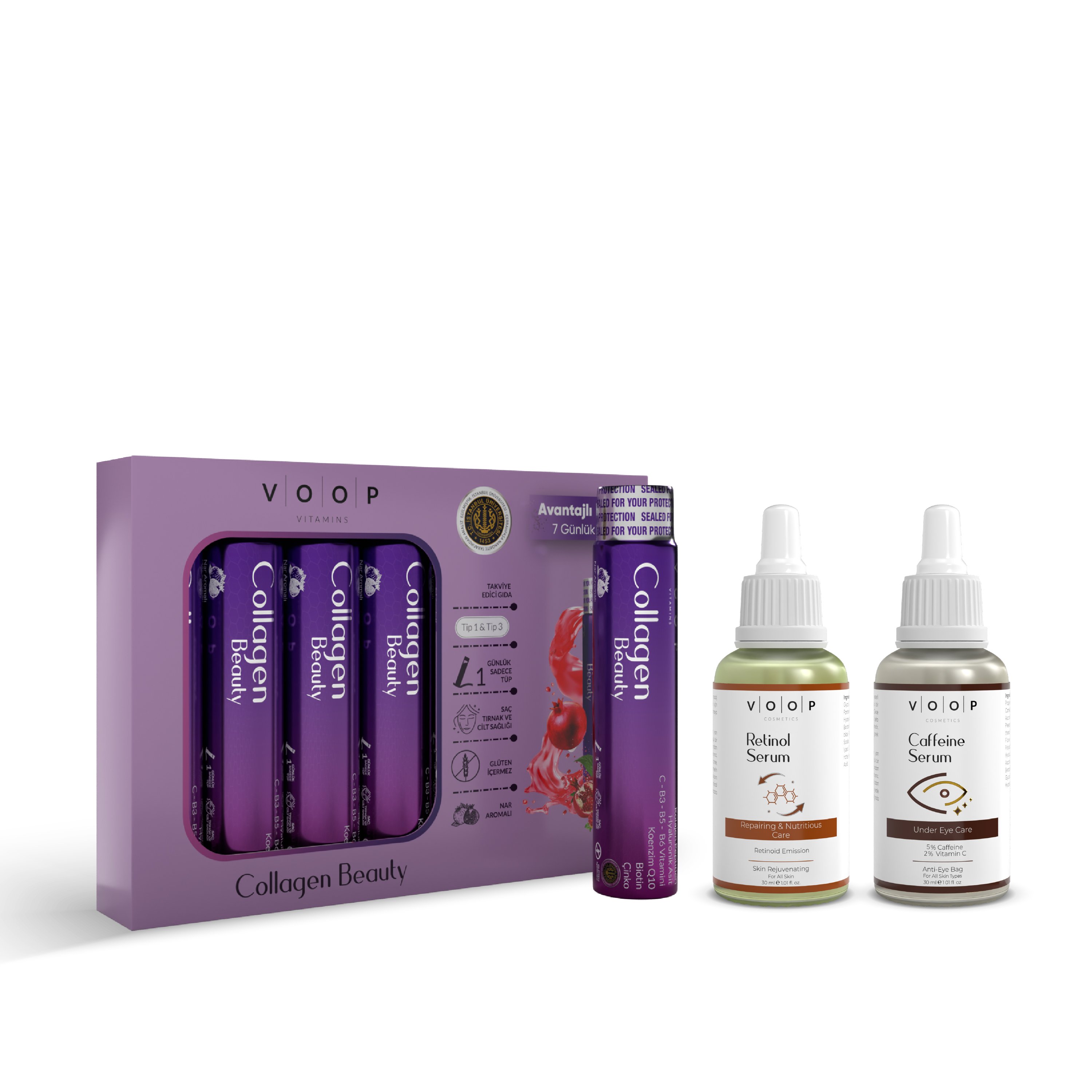 İçten Dışa Güzellik Seti — VOOP Kolajen 7 Tüp + VOOP Retinol & Kafein Serum