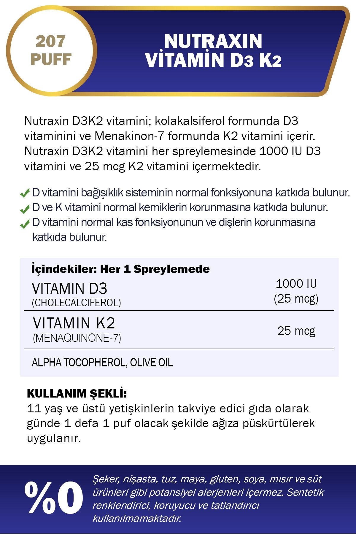 Nutraxin D3K2 30 Ml Sprey - 1000 IU D3 vitamini, 25 mcg K2 vitamini