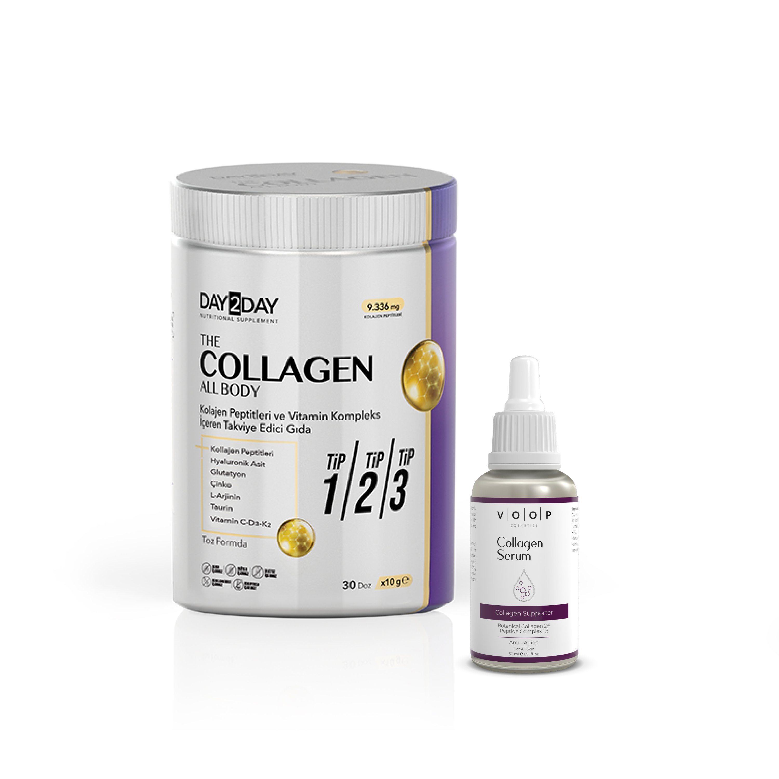 Cilt Elastiği Seti — VOOP Kolajen Serum + Day2Day Kolajen All Body 