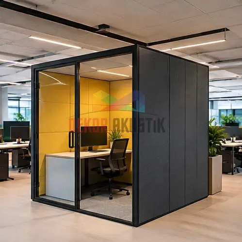 Açık ofis içinde kurulmuş akustik modüler ofis kabini dış görünümü