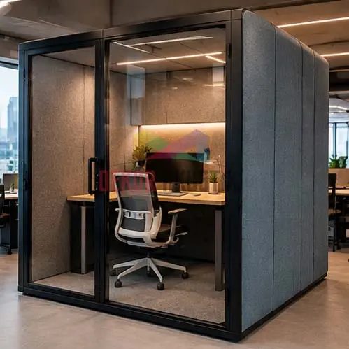 Modüler ofis kabini içinde çalışma masası ve ergonomik oturma düzeni