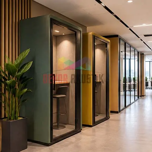 Ofis koridorunda yan yana konumlandırılmış akustik telefon kabinleri