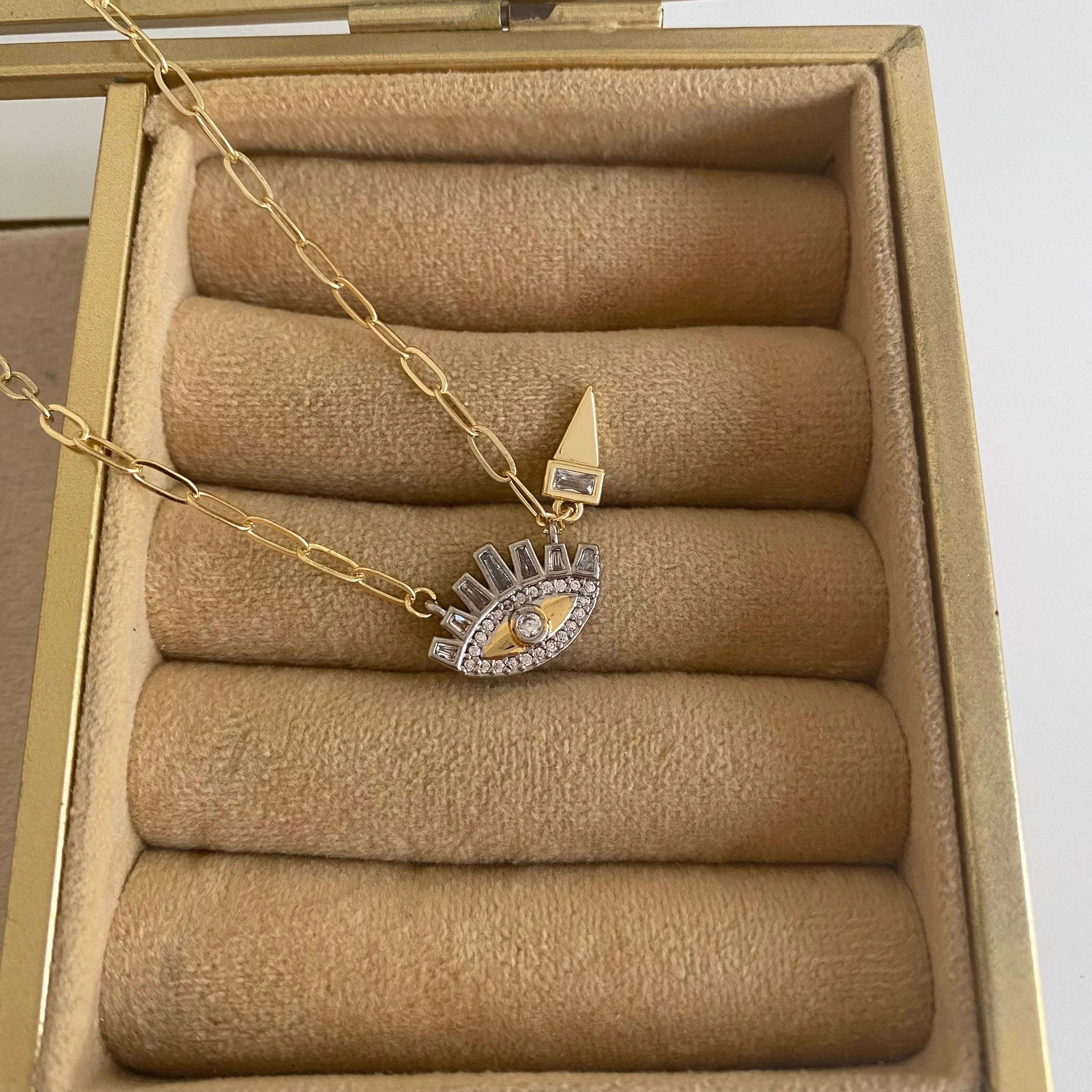 Göz Motifli Çift Renk Zirkon Taşlı Kolye